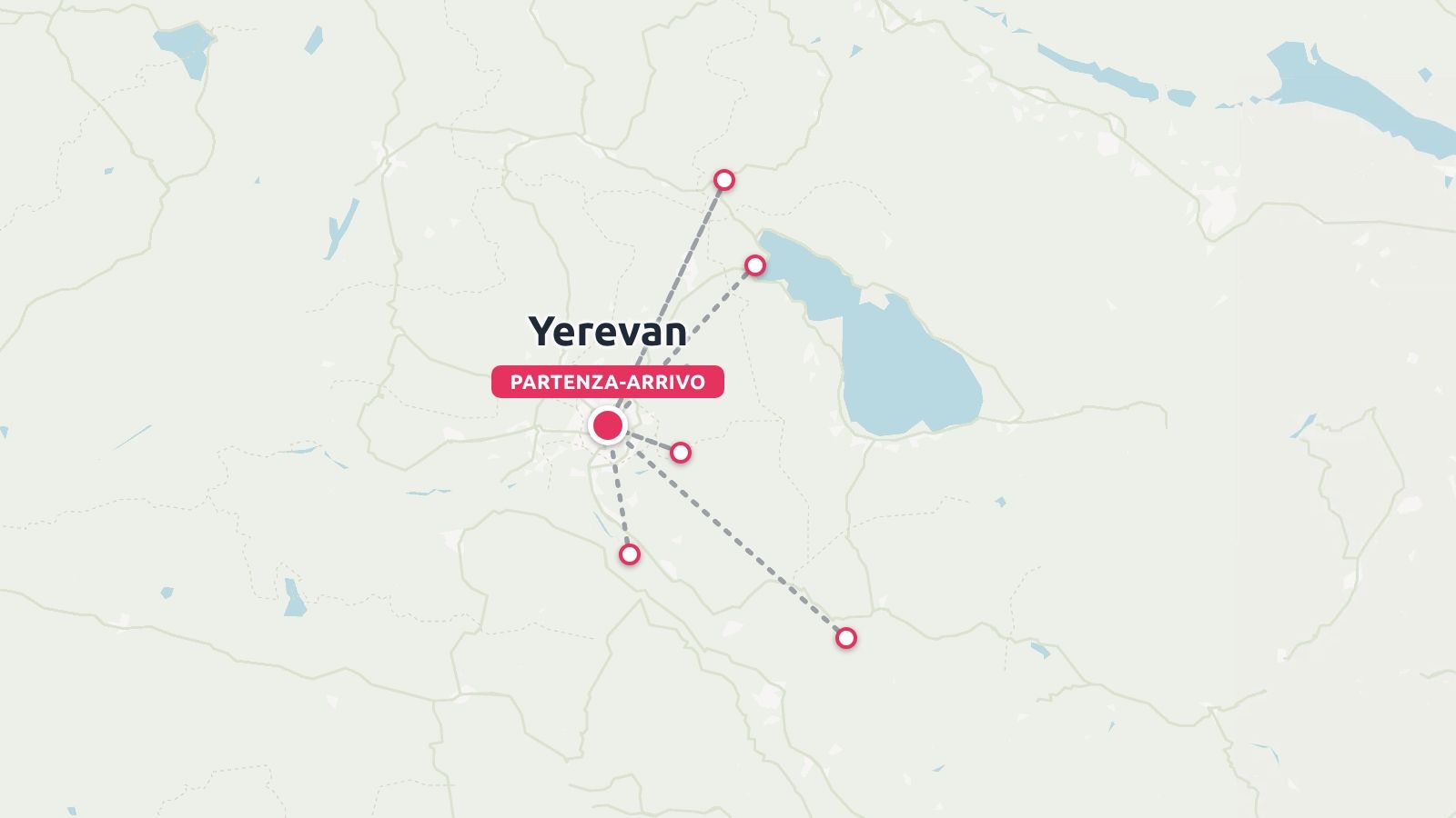 Una mappa di itinerario di viaggio che mostra percorsi tratteggiati che collegano più punti di destinazione a Erevan come partenza e arrivo.