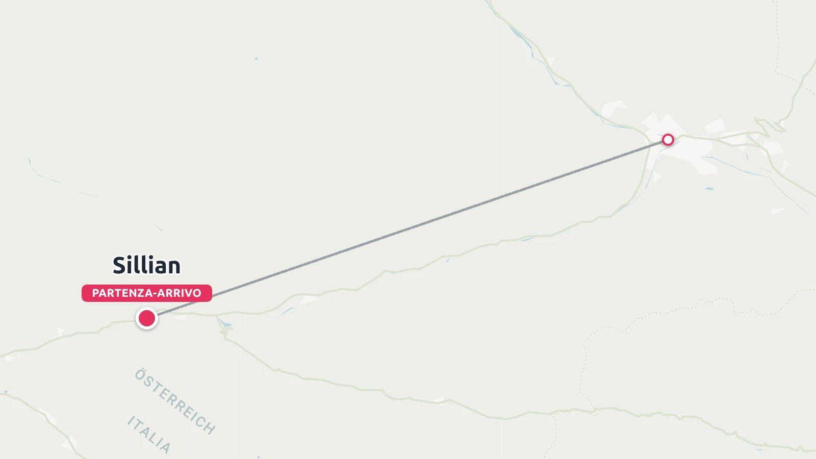 Una mappa di un itinerario di viaggio che mostra una linea che collega a Sillian vicino al confine tra Austria e Italia