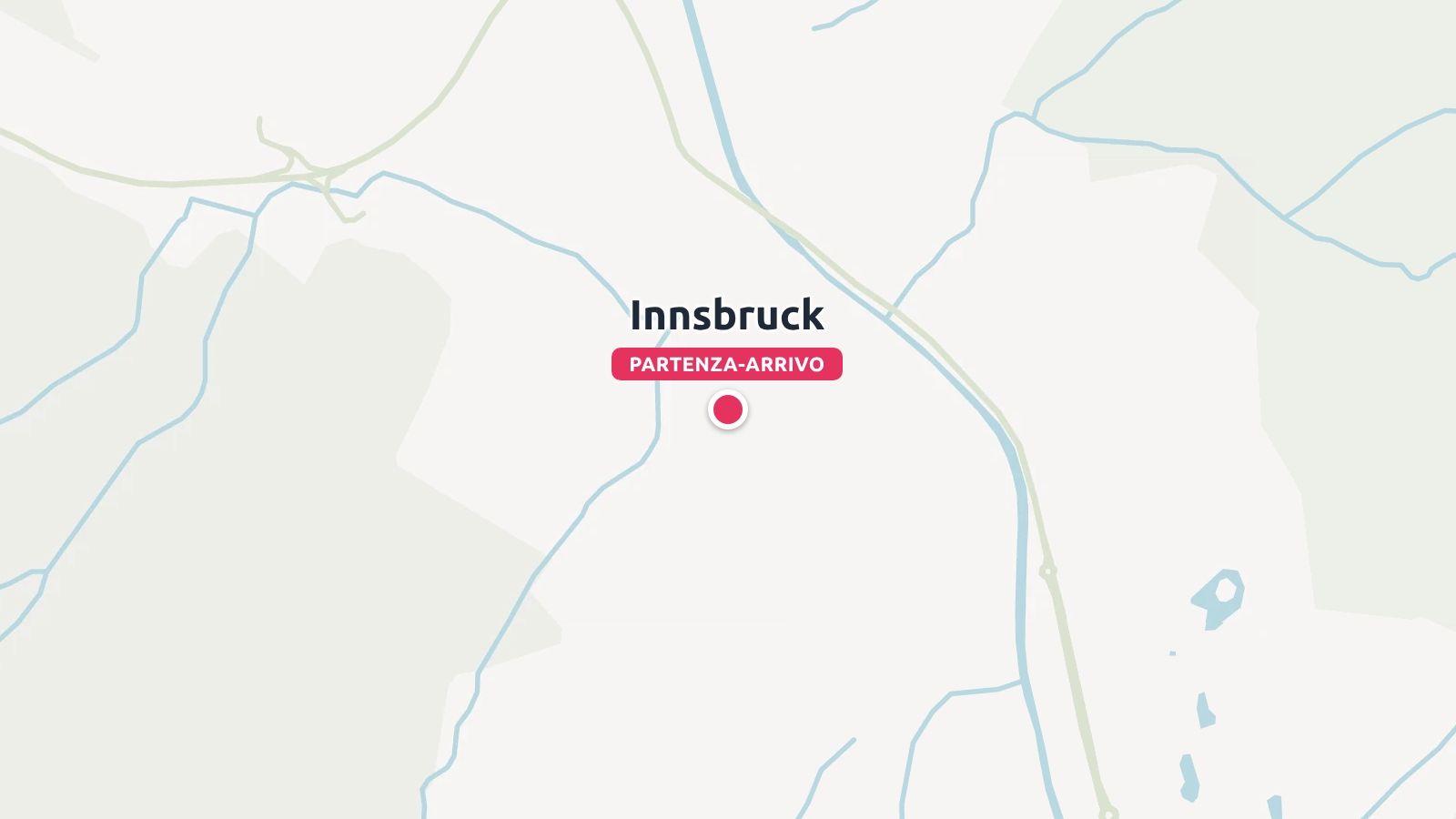 Una mappa che evidenzia Innsbruck contrassegnata come luogo di partenza e di arrivo con un segnaposto rosa.