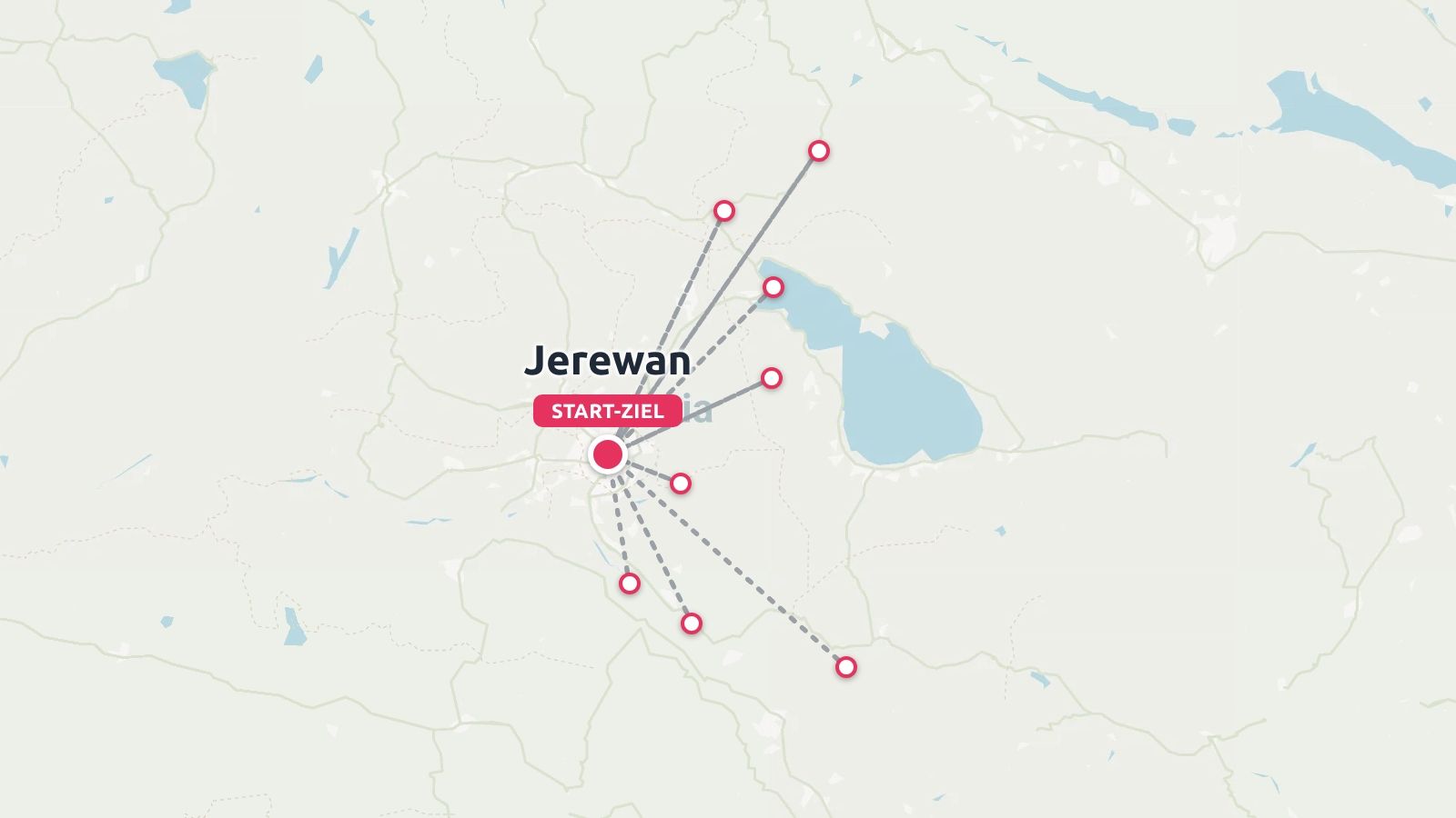 Reiseroute-Karte mit Ausflugspfaden, die von und nach Jerewan als Start- und Endziel führen
