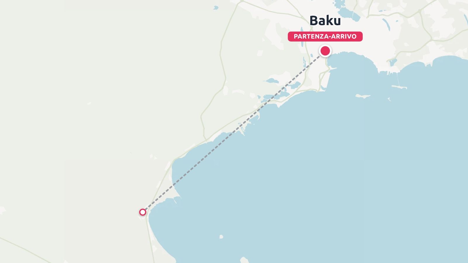 Una mappa di itinerario di viaggio che mostra un percorso tratteggiato che collega una località costiera a Baku