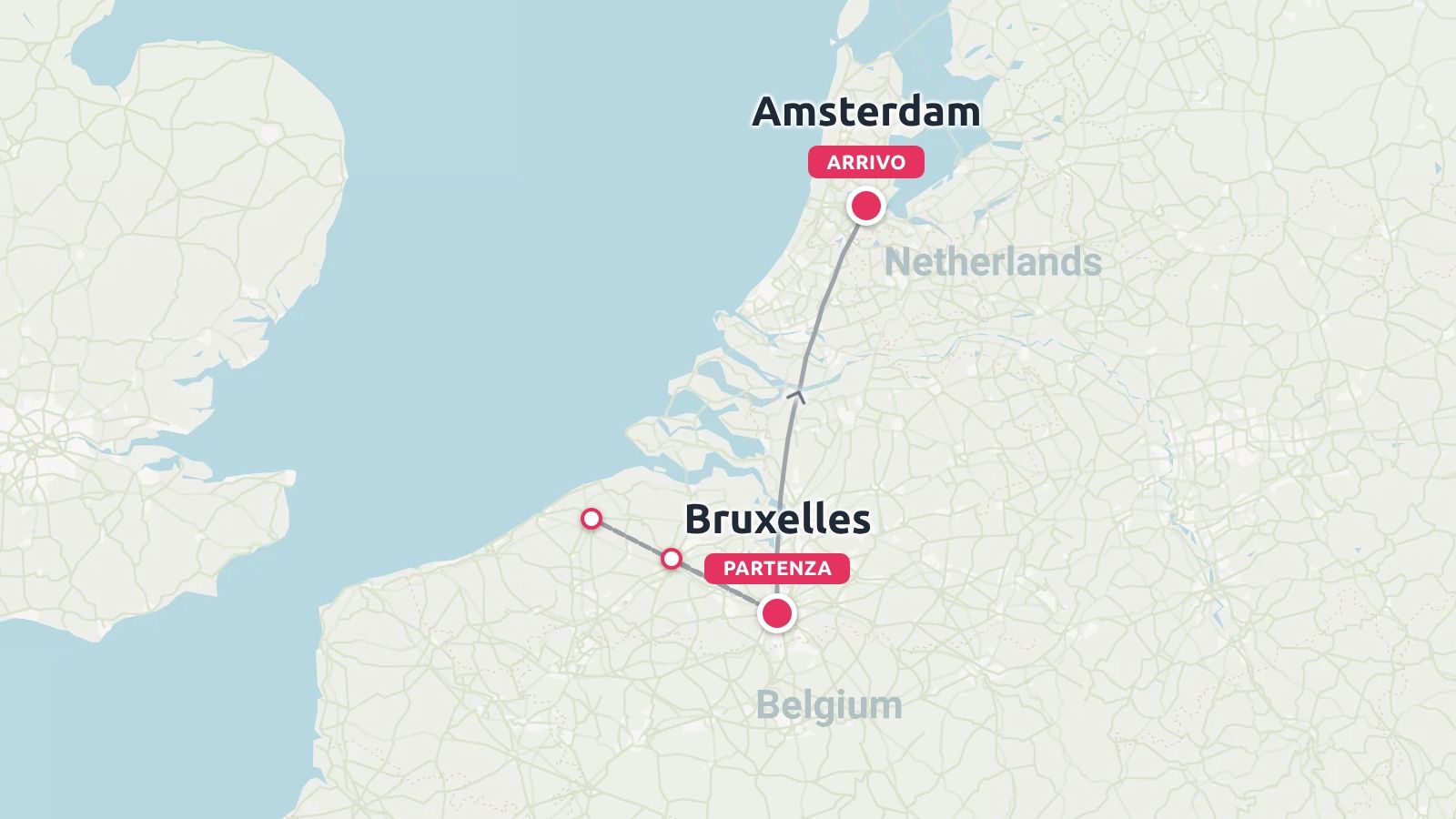 Una mappa di viaggio che mostra un itinerario con partenza da Bruxelles, in Belgio, e arrivo ad Amsterdam, nei Paesi Bassi.