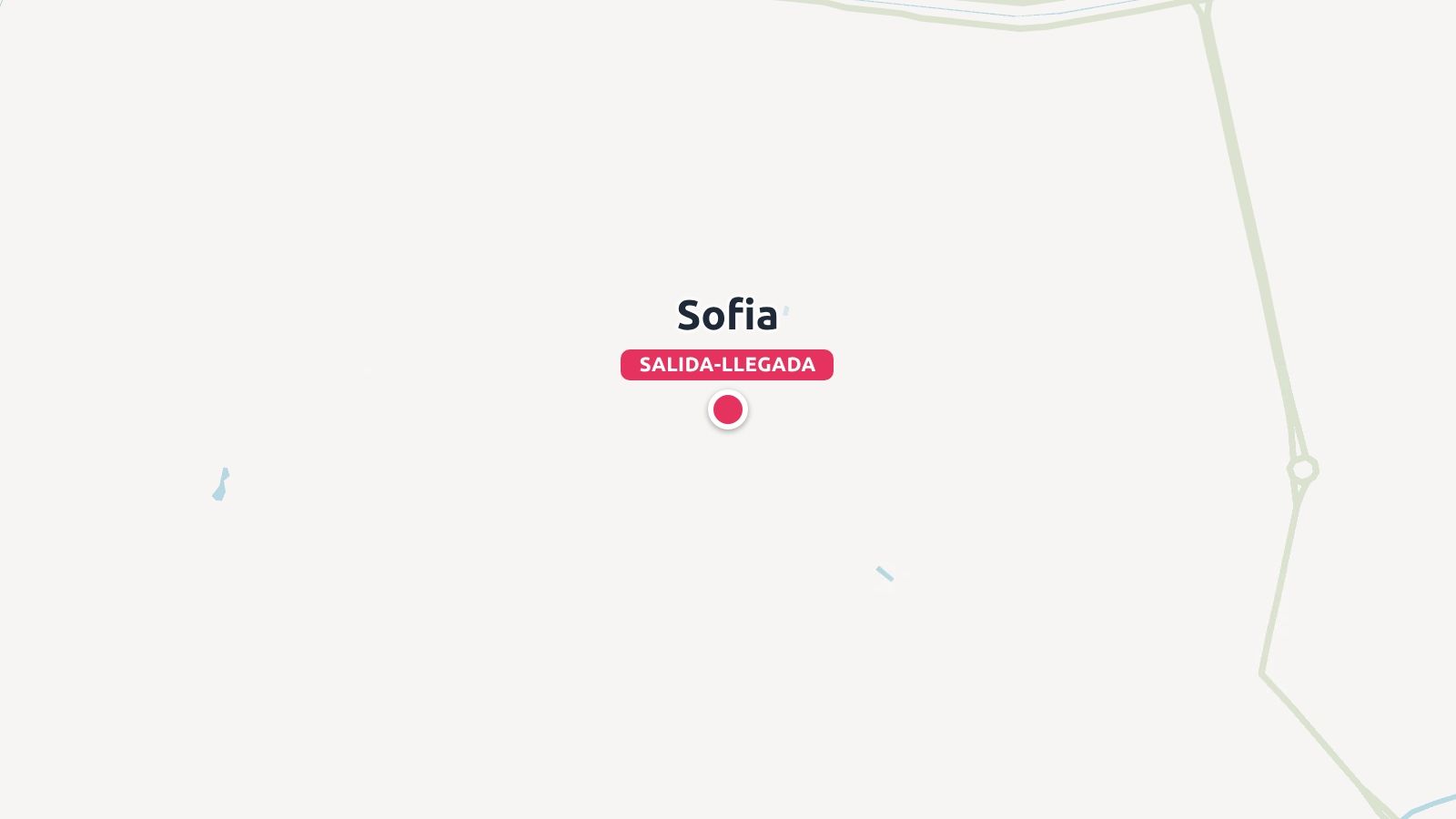 Un mapa de ruta de viaje que marca Sofía con un alfiler rojo etiquetado como salida-llegada.
