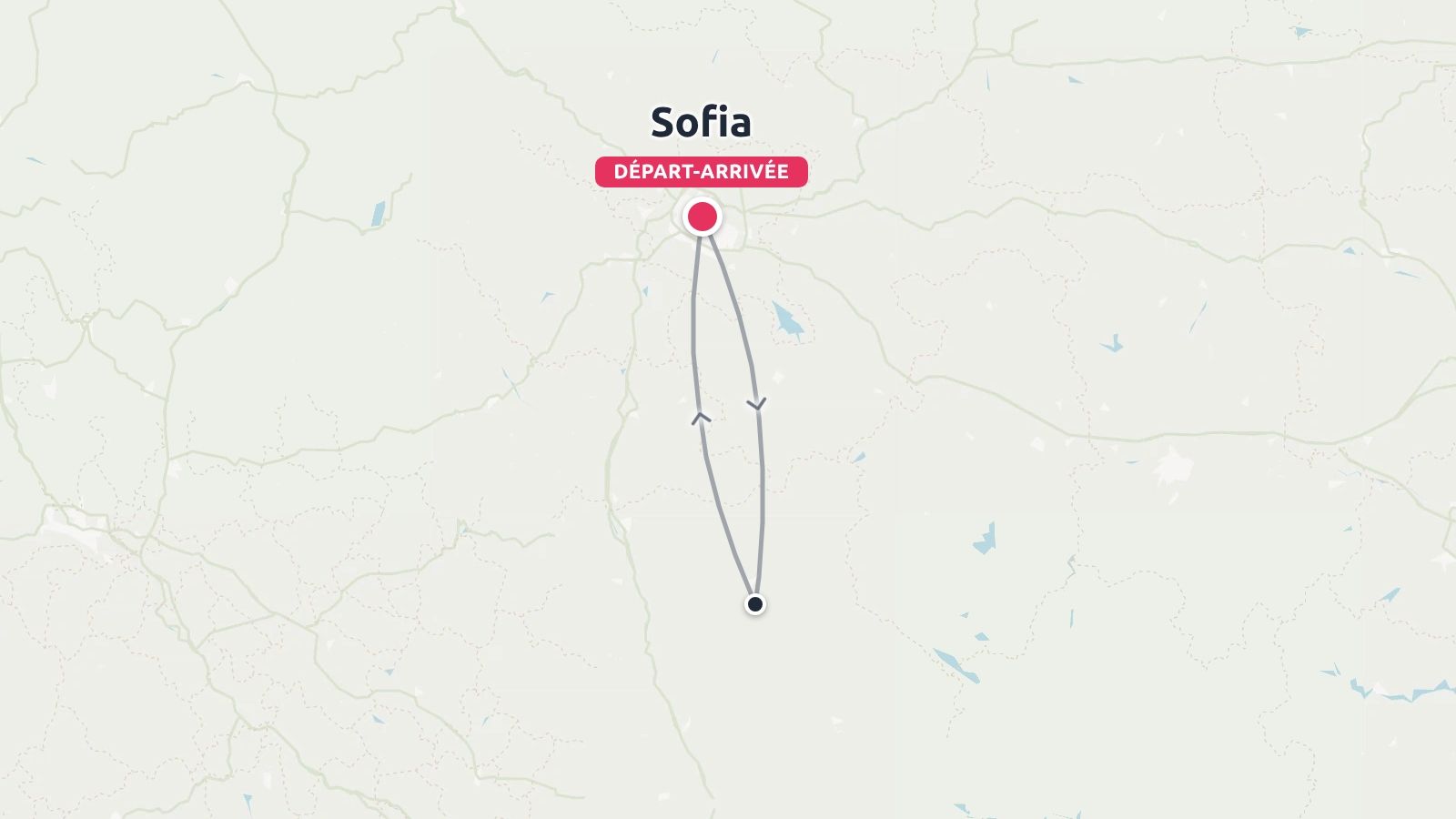 Une carte d'itinéraire de voyage montrant un itinéraire aller-retour commençant et se terminant à Sofia.