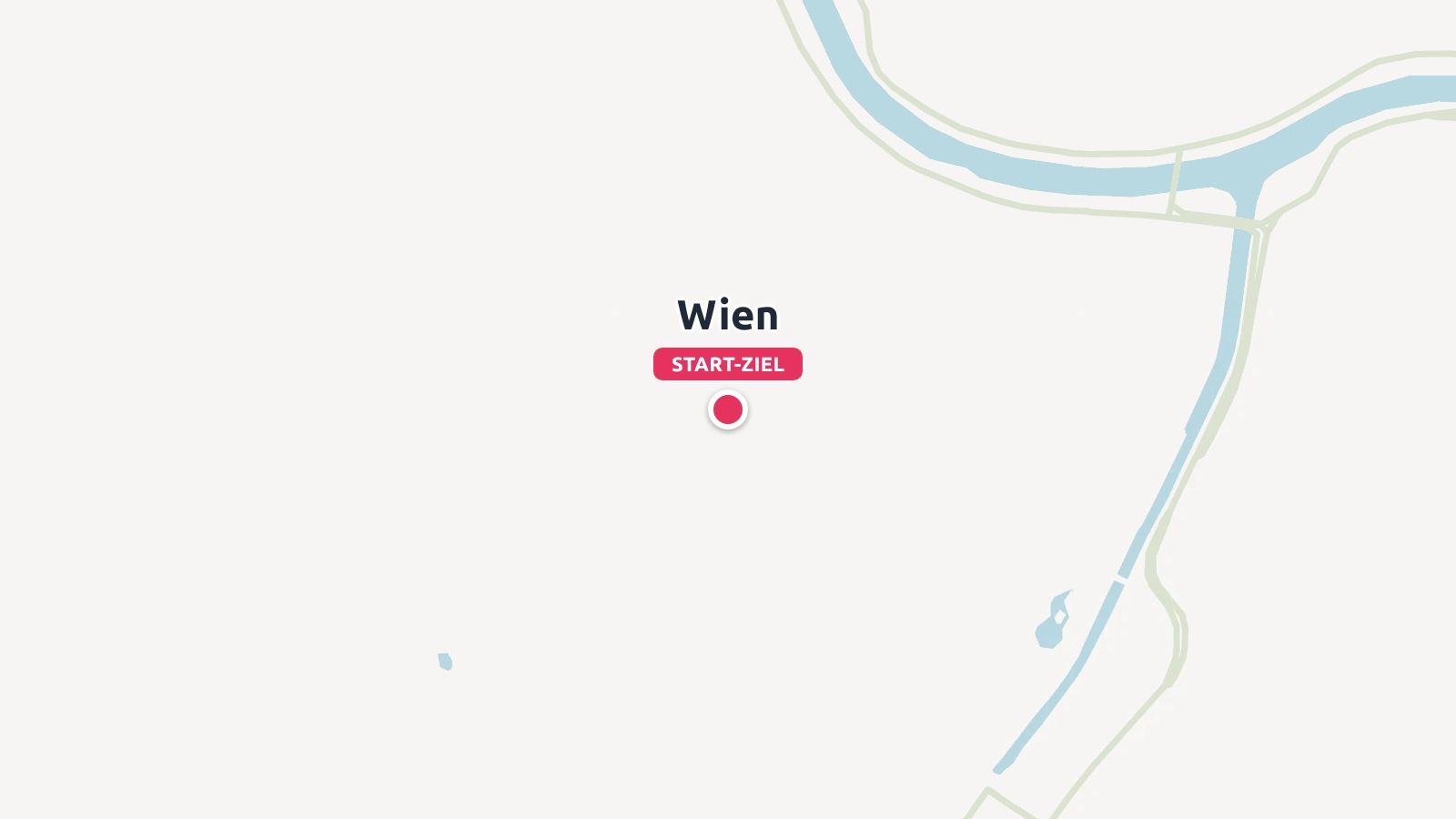 Eine Karte mit Wien, die mit einer roten Markierung mit der Aufschrift START-ZIEL in der Nähe eines Flusses versehen ist