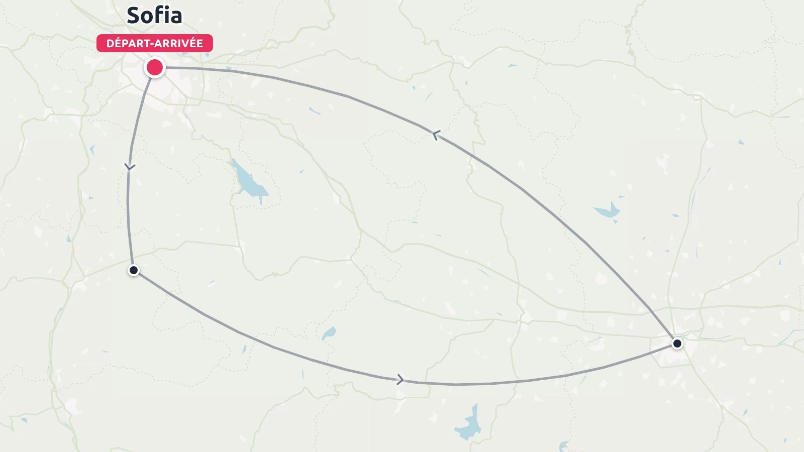 Une carte d'itinéraire de voyage présentant un parcours circulaire au départ et à l'arrivée à Sofia.