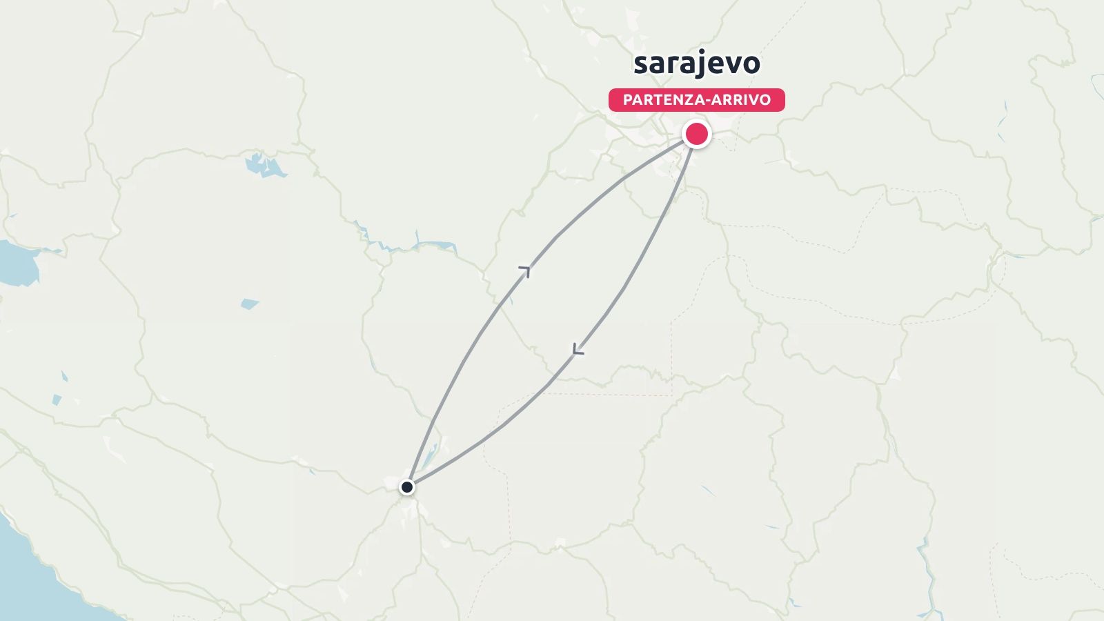 Una mappa dell'itinerario di viaggio che mostra un percorso ad anello con partenza e arrivo a Sarajevo.