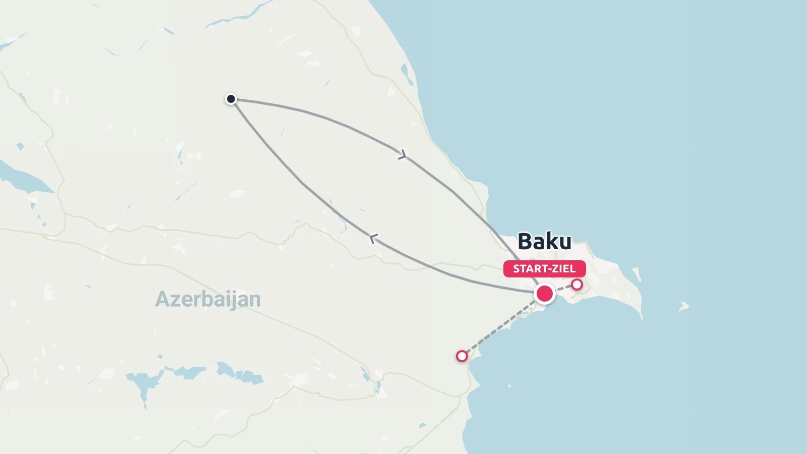 Eine Reiseroute durch Aserbaidschan, die eine Rundreise mit Start und Ziel in Baku darstellt.
