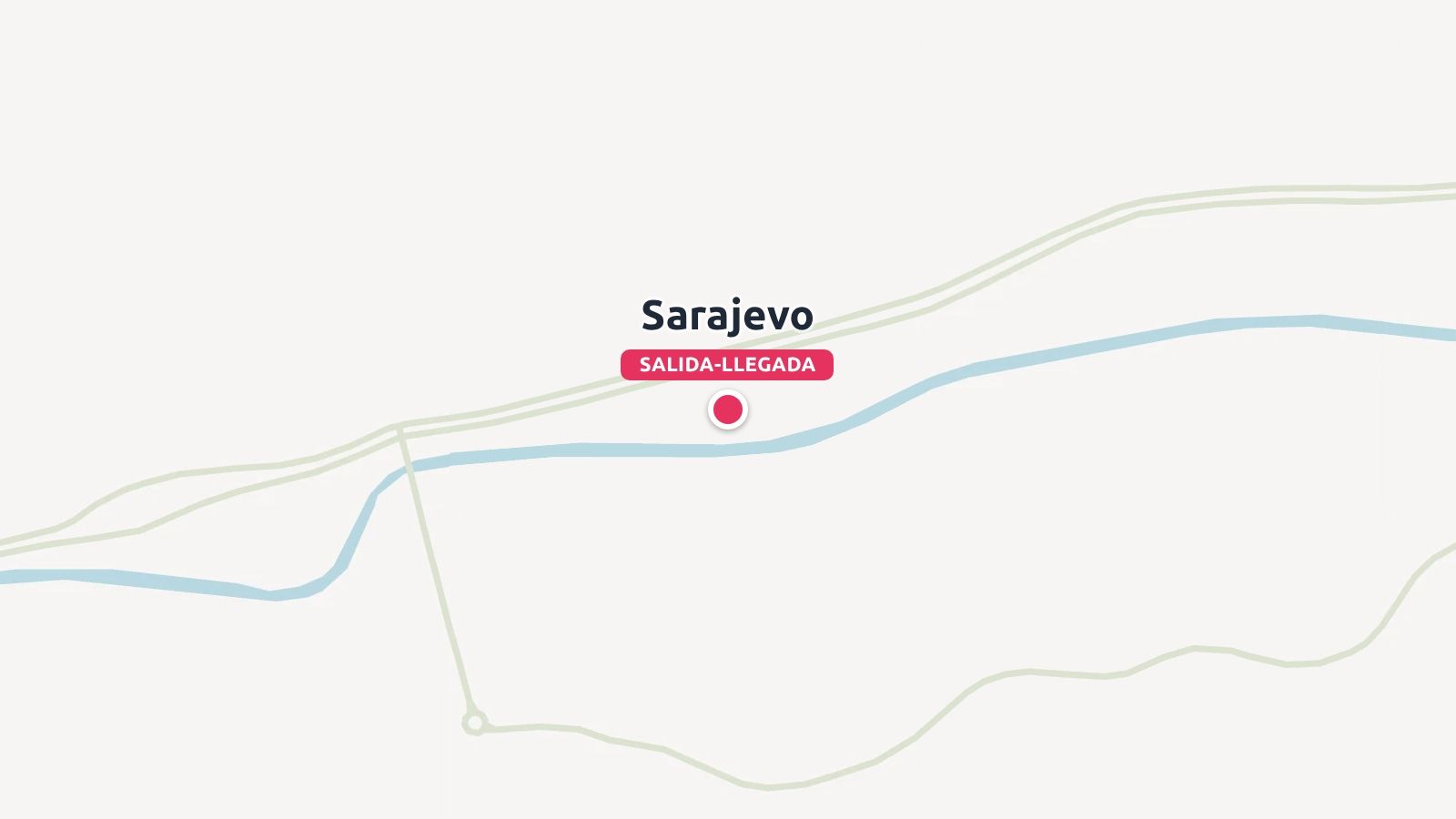 Un mapa minimalista que muestra Sarajevo como punto de inicio y fin, marcado con un pin rojo junto a un río y carreteras.