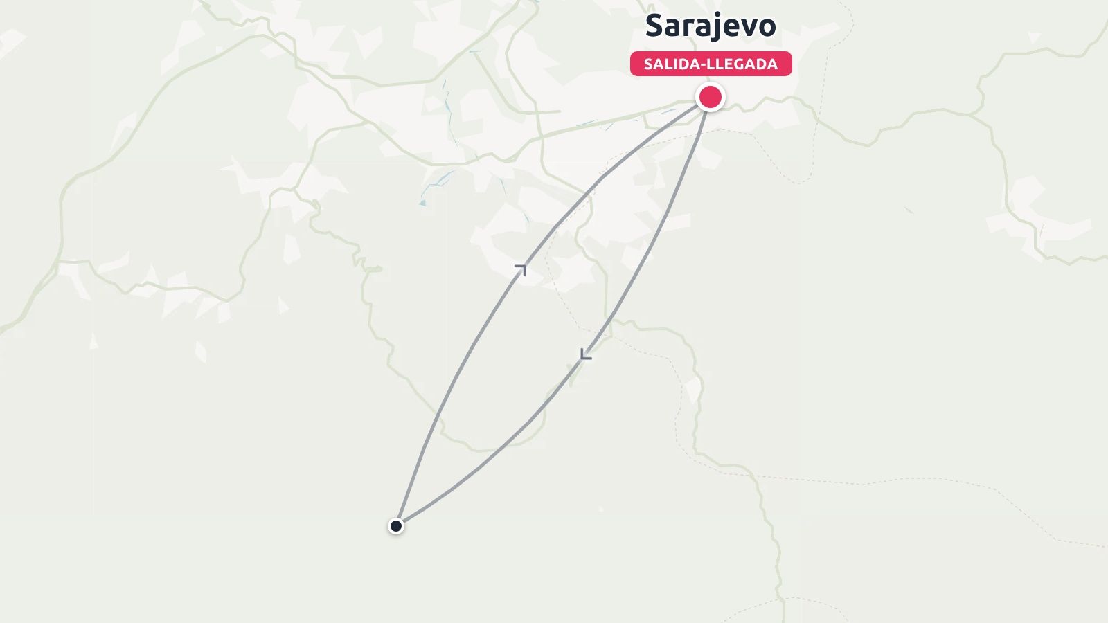 Un mapa de ruta de viaje que muestra un circuito de ida y vuelta que comienza y termina en Sarajevo.