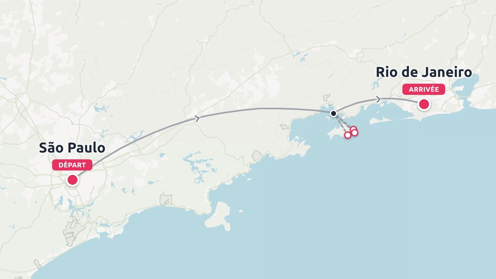 Carte d'itinéraire de voyage montrant un trajet au départ de São Paulo et arrivant à Rio de Janeiro le long de la côte du Brésil