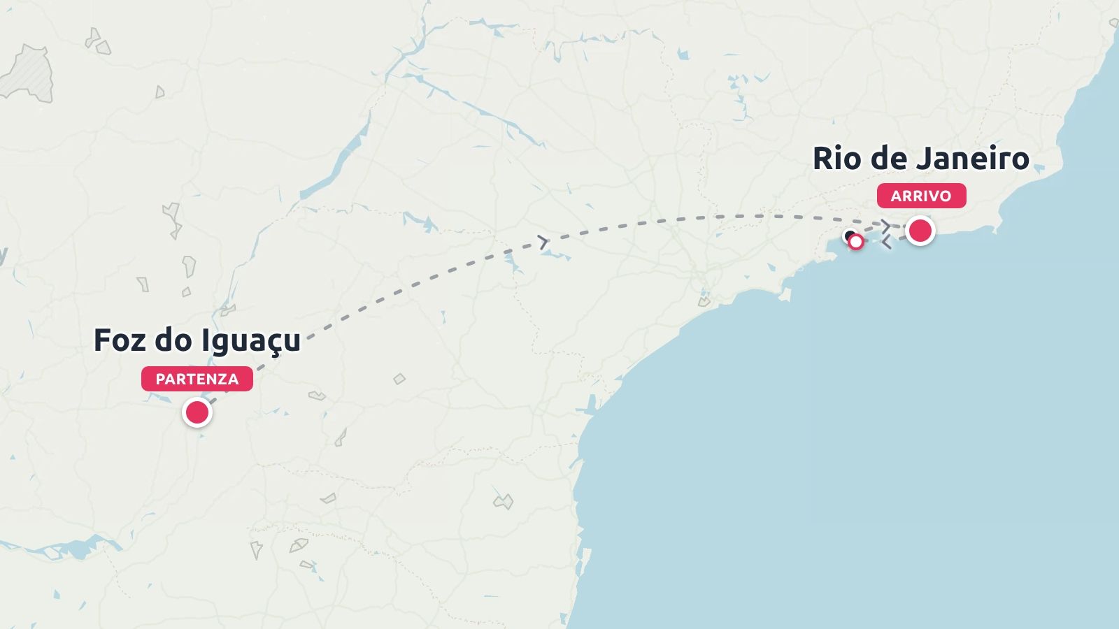 Una mappa dell'itinerario di viaggio che mostra un percorso che inizia a Foz do Iguaçu e termina a Rio de Janeiro.