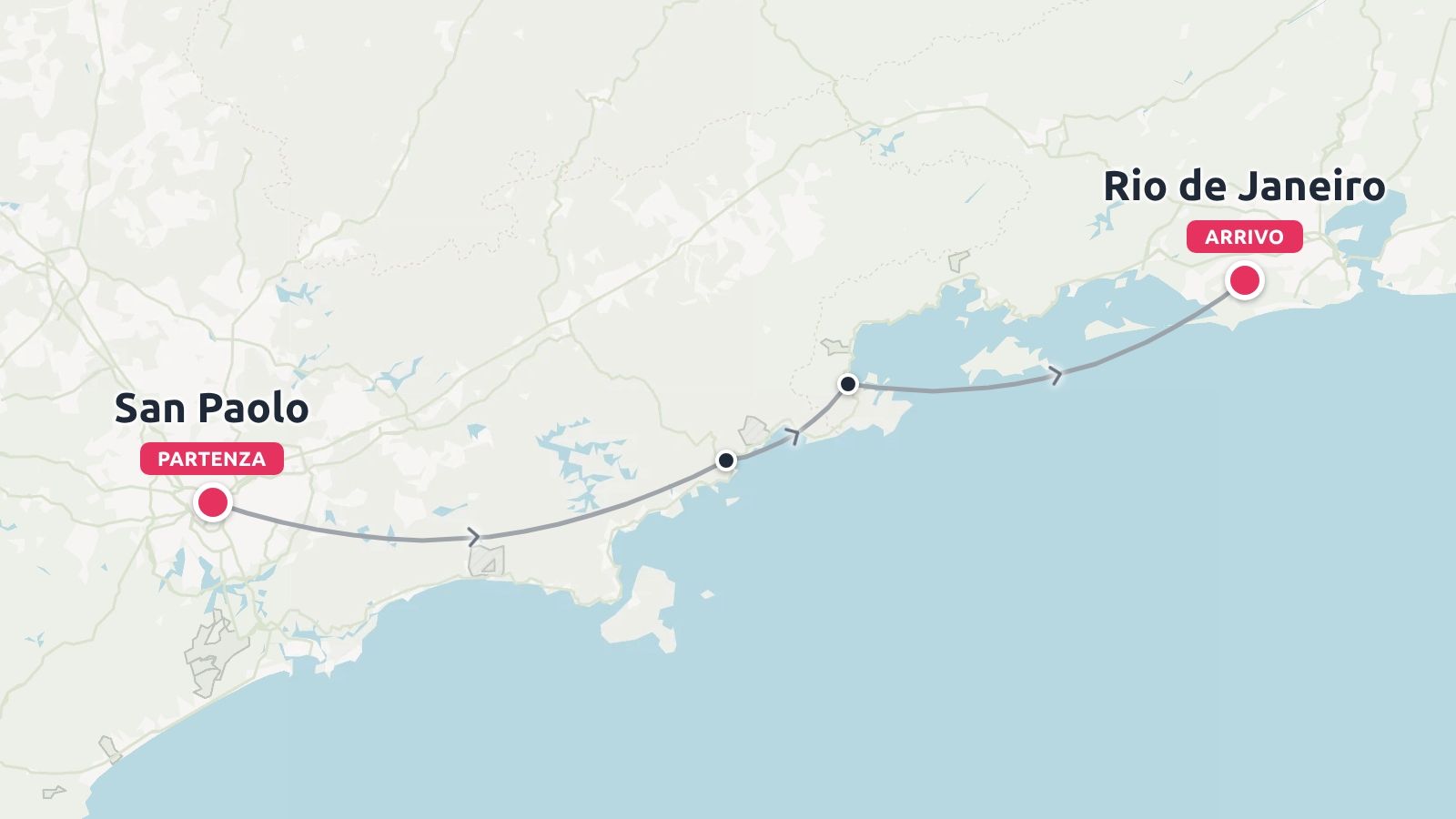 Una mappa del percorso di viaggio che mostra un itinerario da San Paolo a Rio de Janeiro lungo la costa