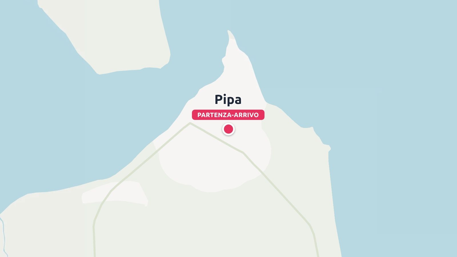 Una mappa di un itinerario di viaggio che mostra Pipa indicata come punto di partenza e di arrivo su una penisola costiera.