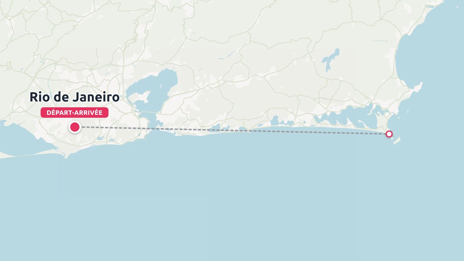 Un itineraire de voyage sur la cote au depart et a l'arrivee de Rio de Janeiro au Bresil avec une ligne d'itineraire en pointilles le long de la cote