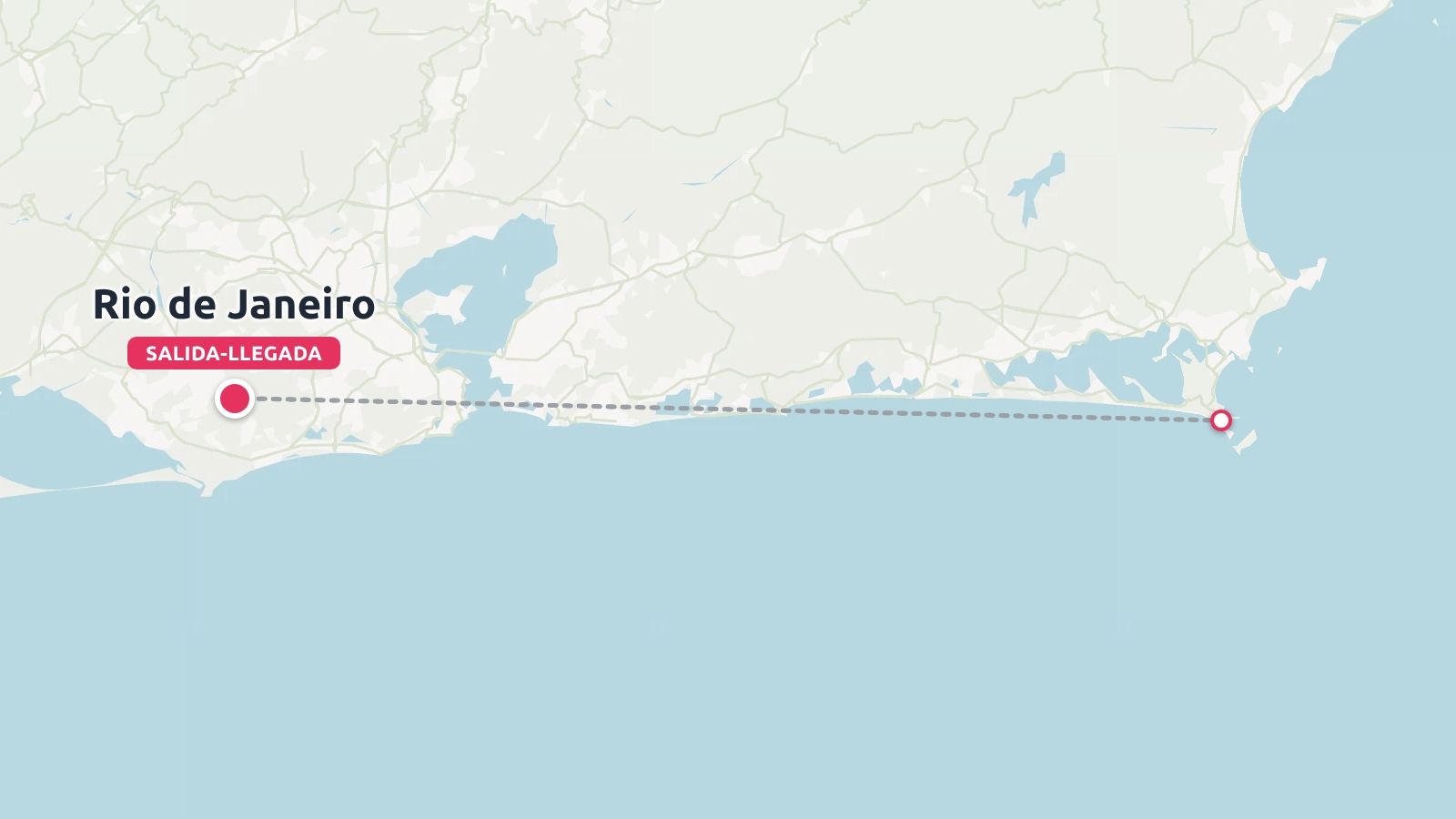 Un mapa de ruta de viaje que muestra Río de Janeiro marcado como salida y llegada con una línea discontinua a lo largo de la costa.