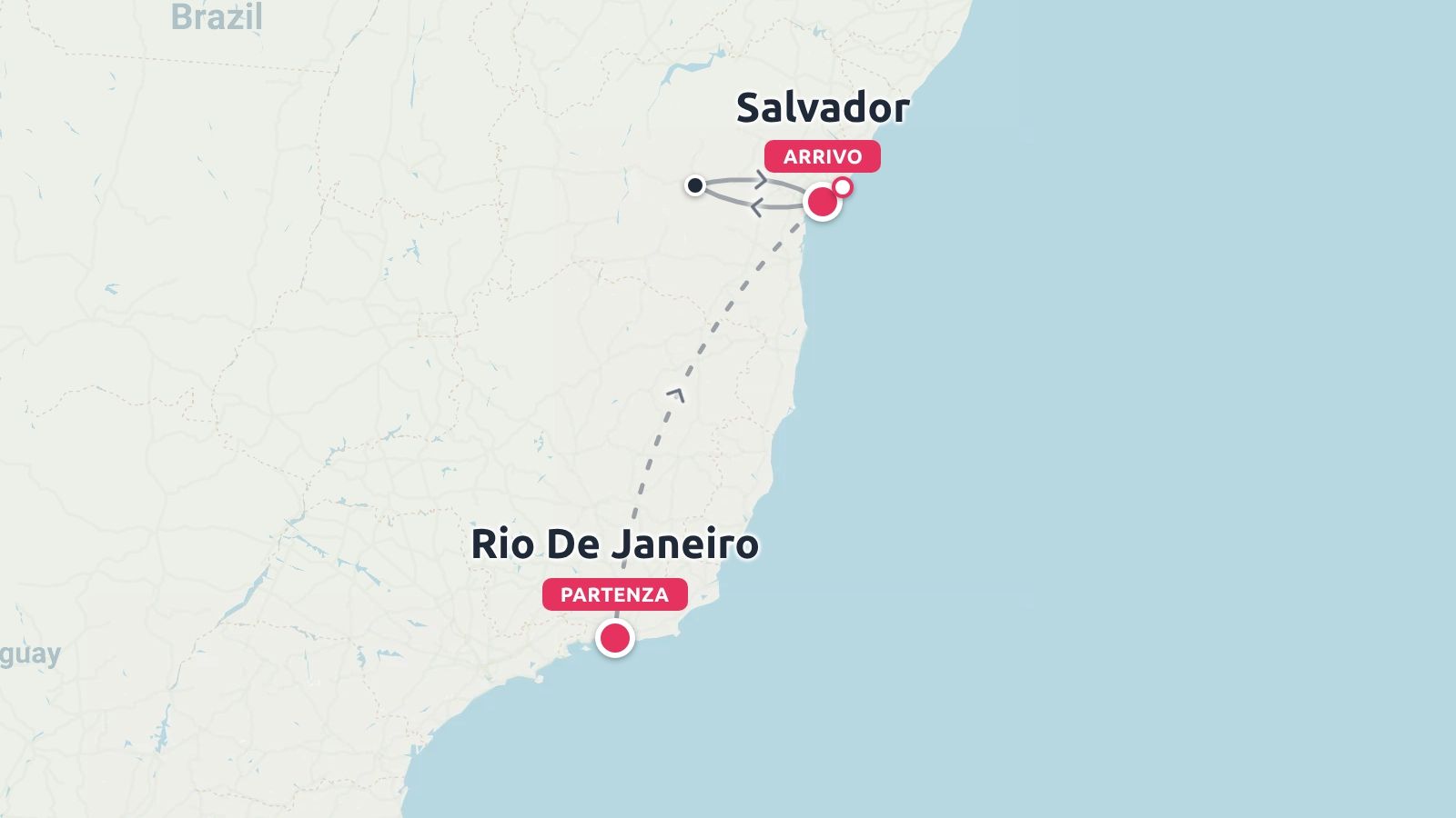 Mappa dell'itinerario di viaggio lungo la costa del Brasile con partenza da Rio de Janeiro e arrivo a Salvador