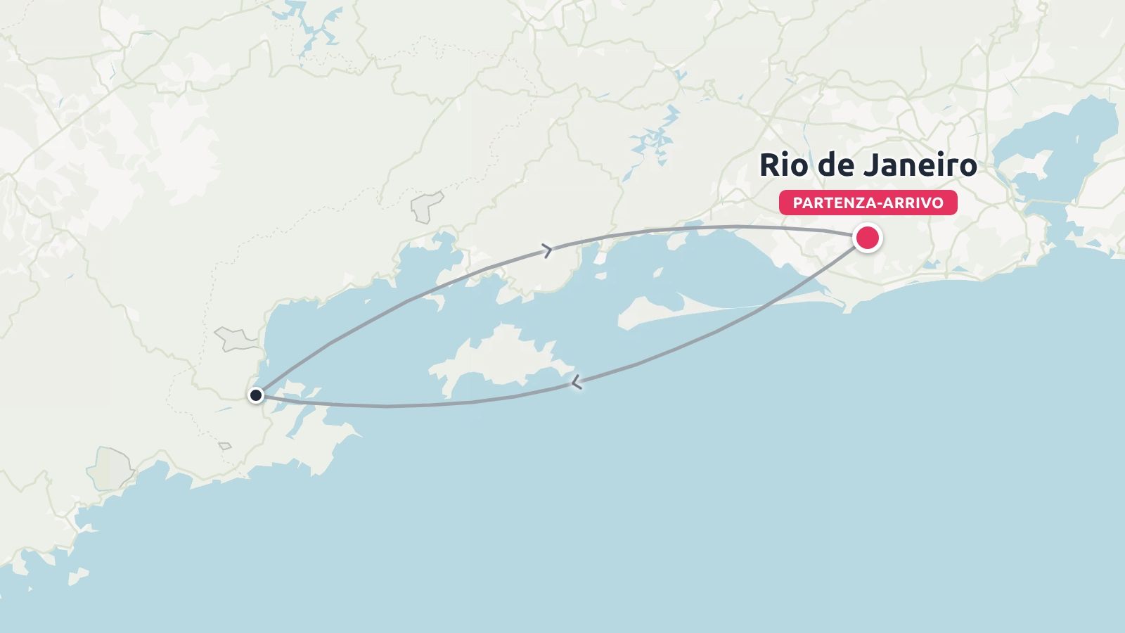 Un itinerario di viaggio che mostra un viaggio di andata e ritorno lungo la costa con partenza e arrivo a Rio de Janeiro