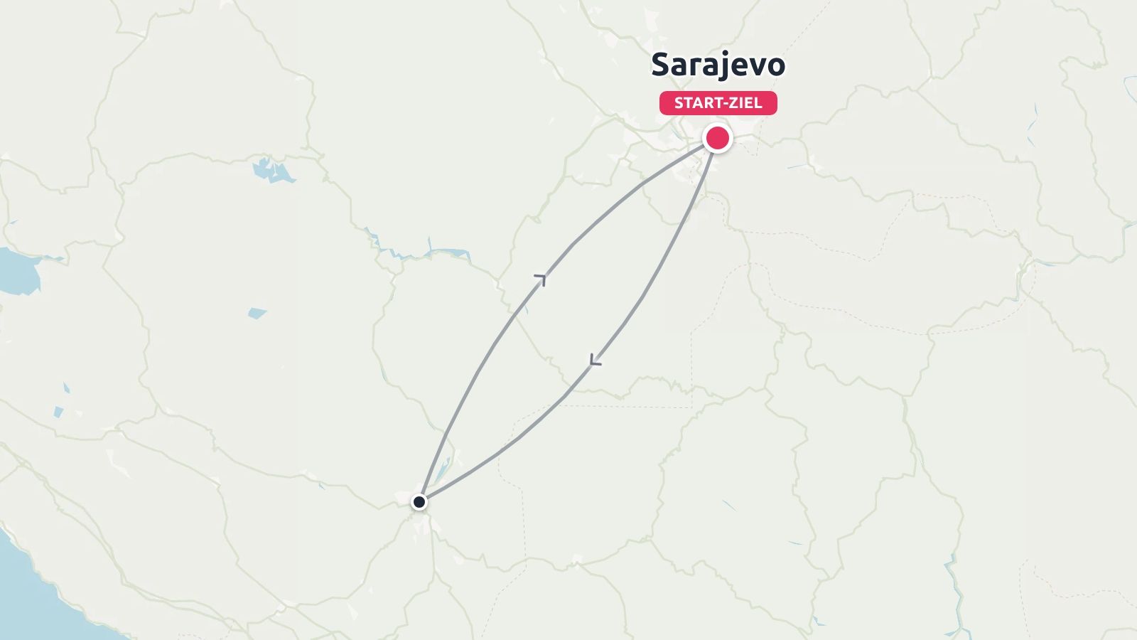 Reisekarte mit einer Rundreise, die in Sarajevo beginnt und endet.