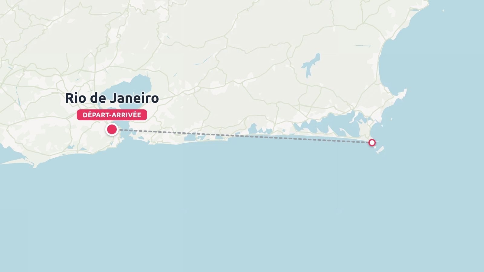 Une carte d'itinéraire de voyage montrant un chemin côtier partant et arrivant à Rio de Janeiro.