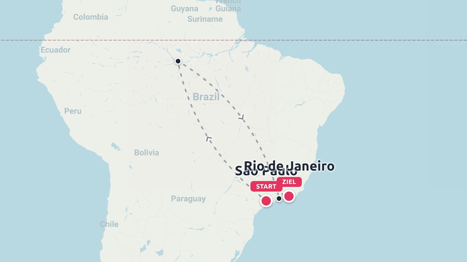 Reiselandkarte von Südamerika mit einer Route durch Brasilien von São Paulo nach Norden und dem Ziel in Rio de Janeiro.