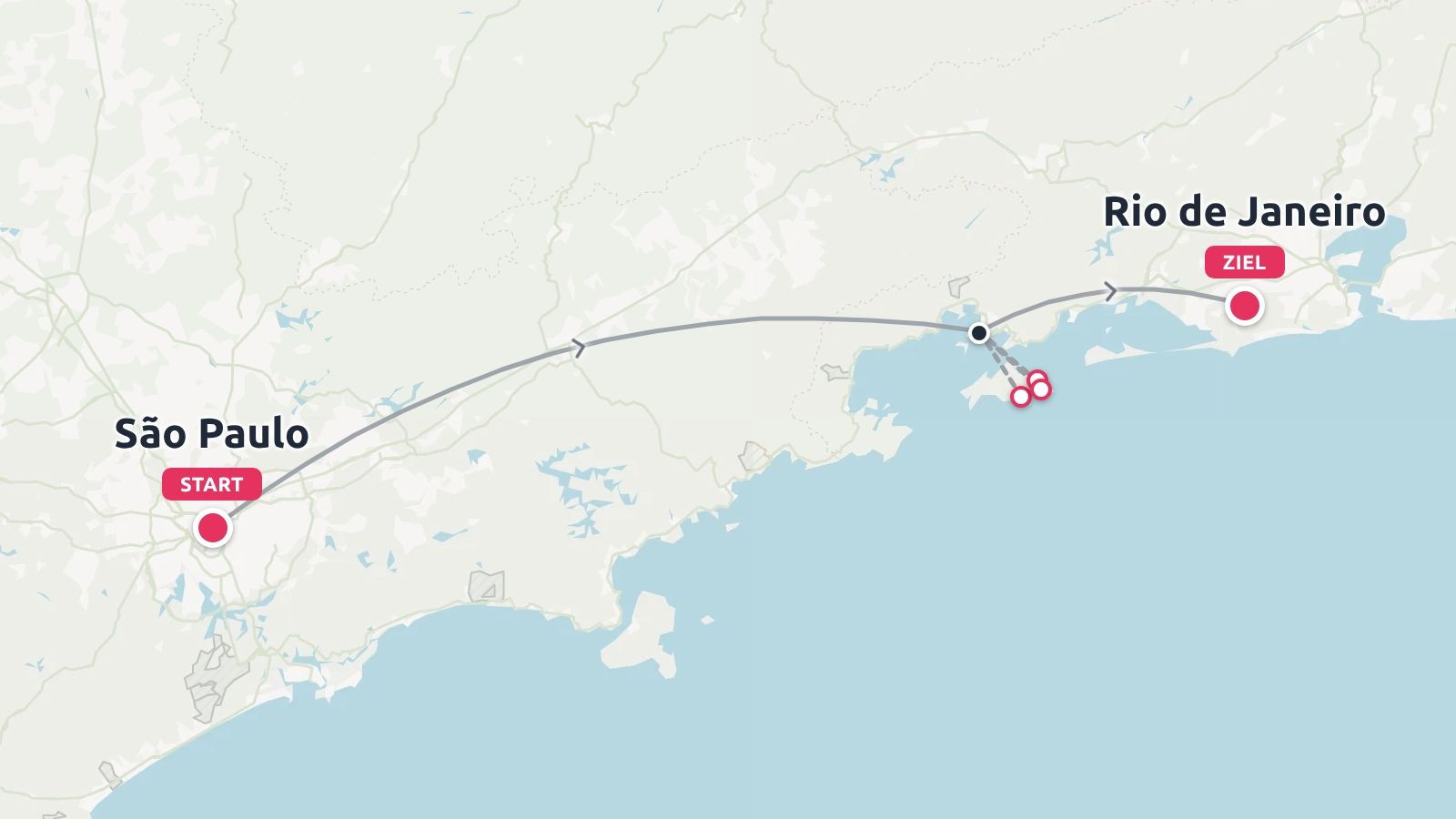Eine Reiseroute, die in São Paulo beginnt und entlang der Küste in Rio de Janeiro endet.