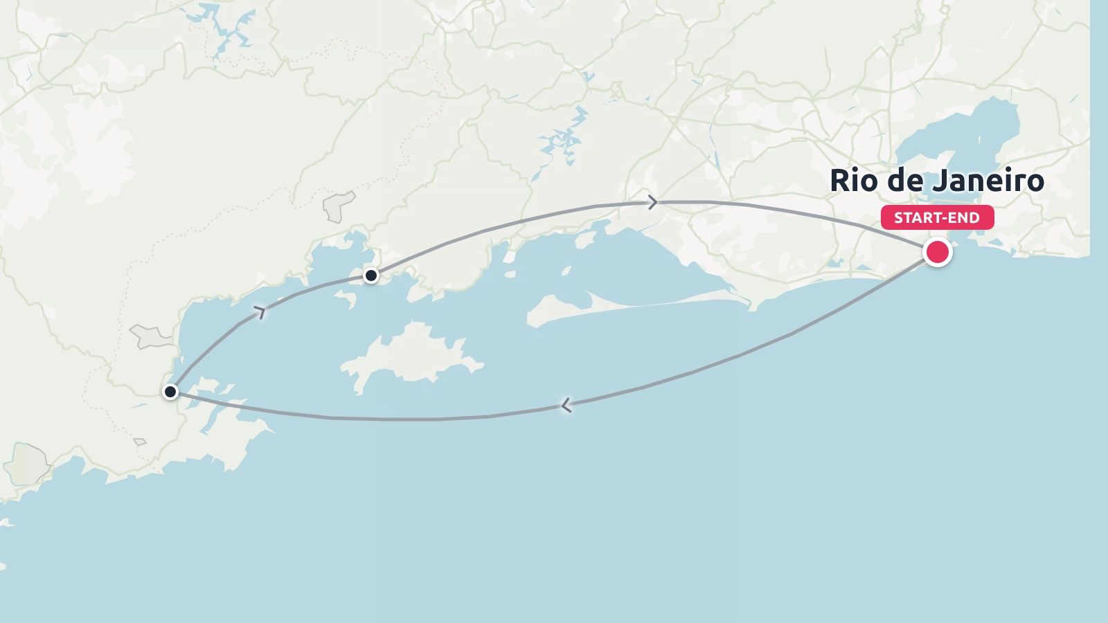 Travel map showing a circular route starting and ending in Rio de Janeiro along the Brazilian coastline.