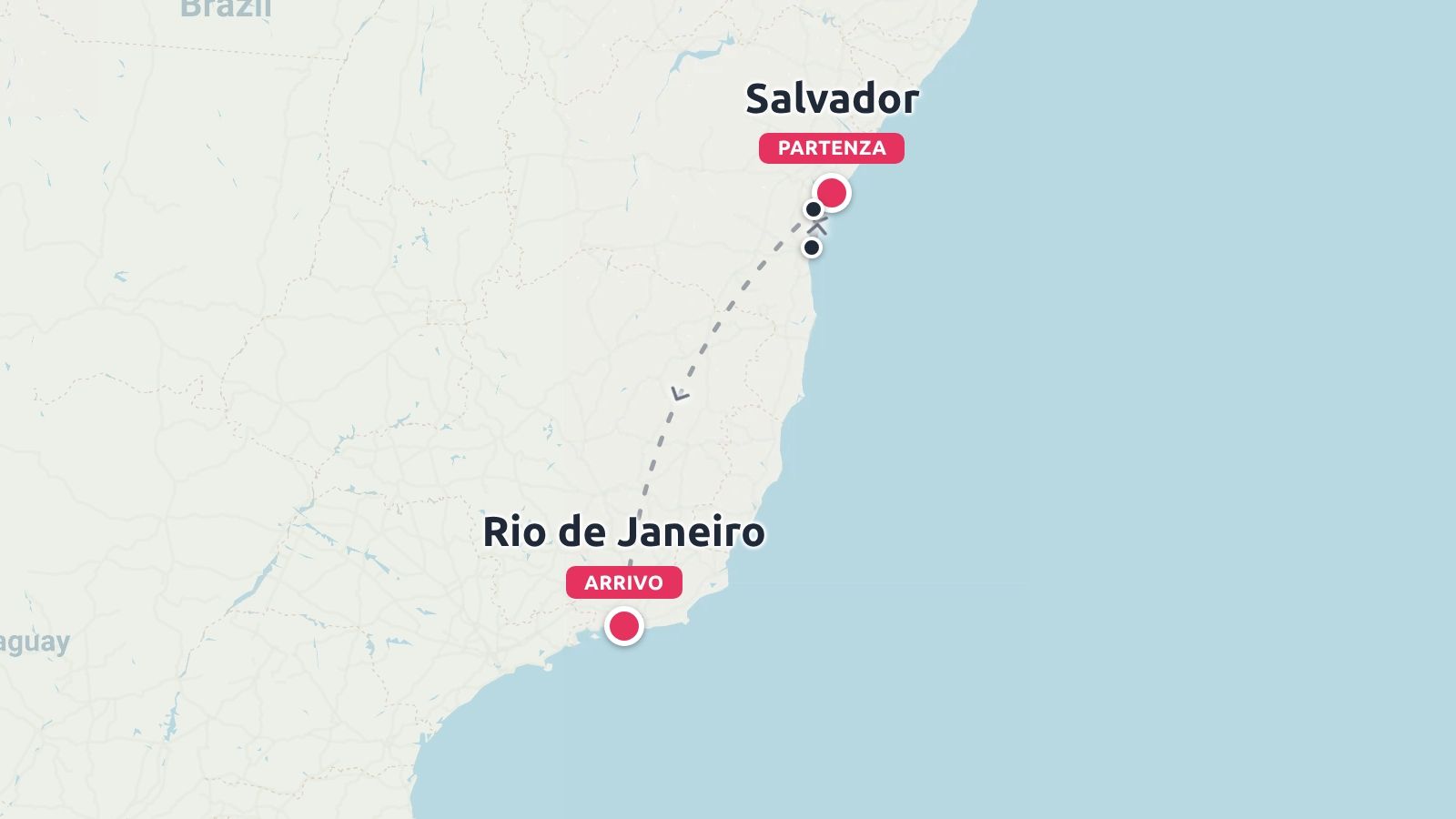 Mappa del Brasile che mostra un itinerario di viaggio contrassegnato da una linea tratteggiata che collega la partenza da Salvador e l'arrivo a Rio de Janeiro