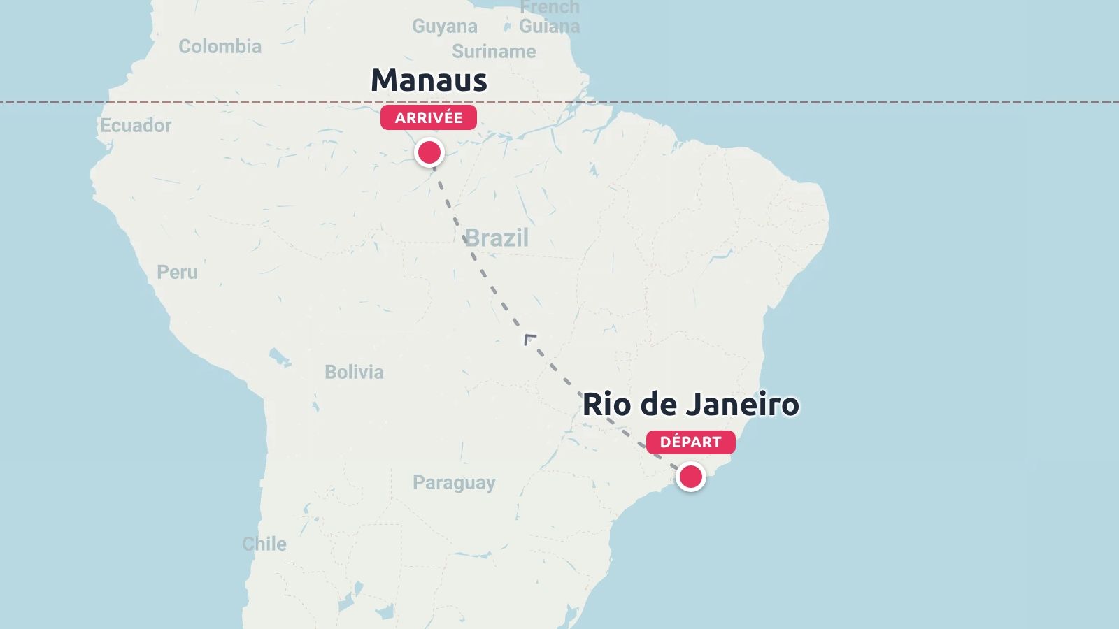 Une carte de voyage du Brésil affichant un itinéraire de Rio de Janeiro à Manaus.
