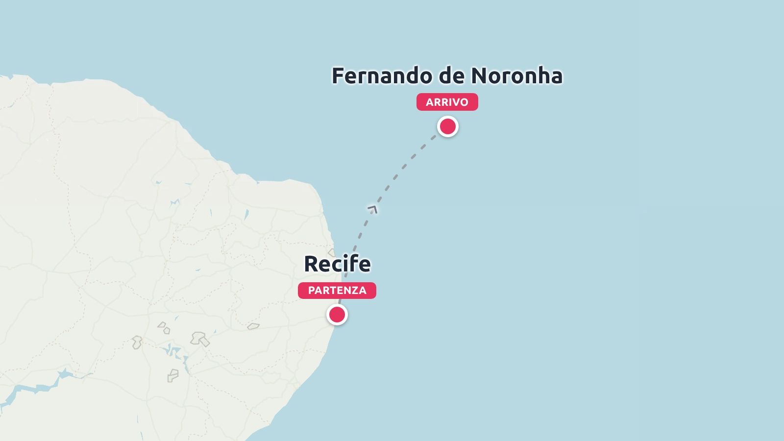 Una mappa di viaggio che mostra una linea di percorso da Recife a Fernando de Noronha attraverso l'oceano