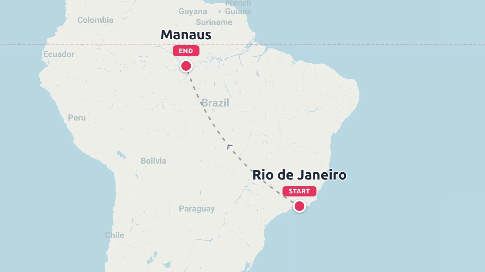 A travel route map across Brazil starting in Rio de Janeiro and ending in Manaus.