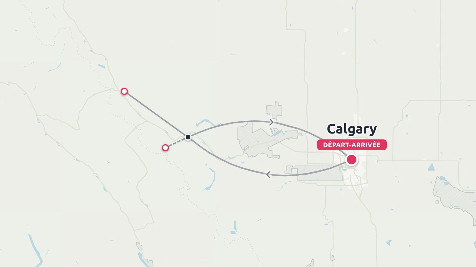 Une carte d'itinéraire de voyage montrant un parcours commençant et se terminant à Calgary avec des arrêts reliés par des lignes