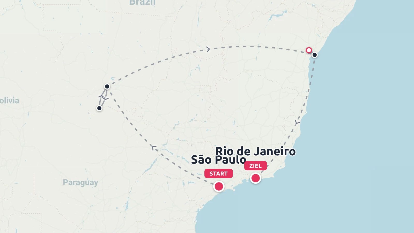 Eine Reiseroute in Brasilien, die in São Paulo beginnt, ins Landesinnere führt und in Rio de Janeiro endet.
