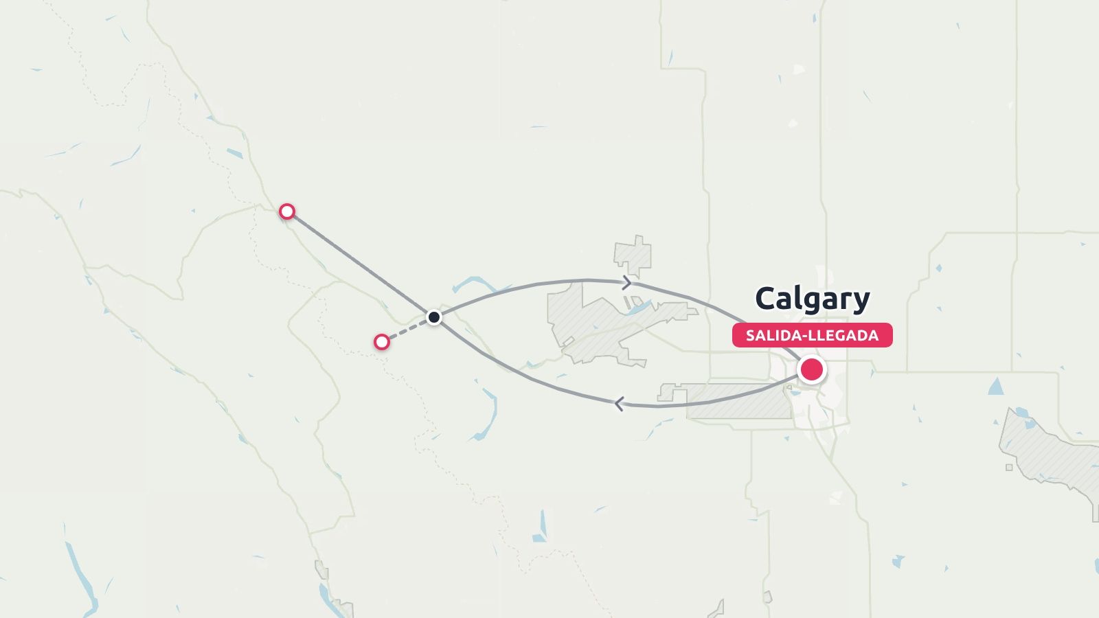 Mapa de ruta de viaje que muestra un itinerario de ida y vuelta que comienza y termina en Calgary.
