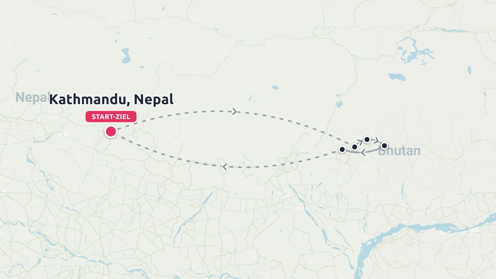 Reiseroute mit einer Rundflugverbindung zwischen Kathmandu in Nepal und mehreren Zwischenstopps in Bhutan
