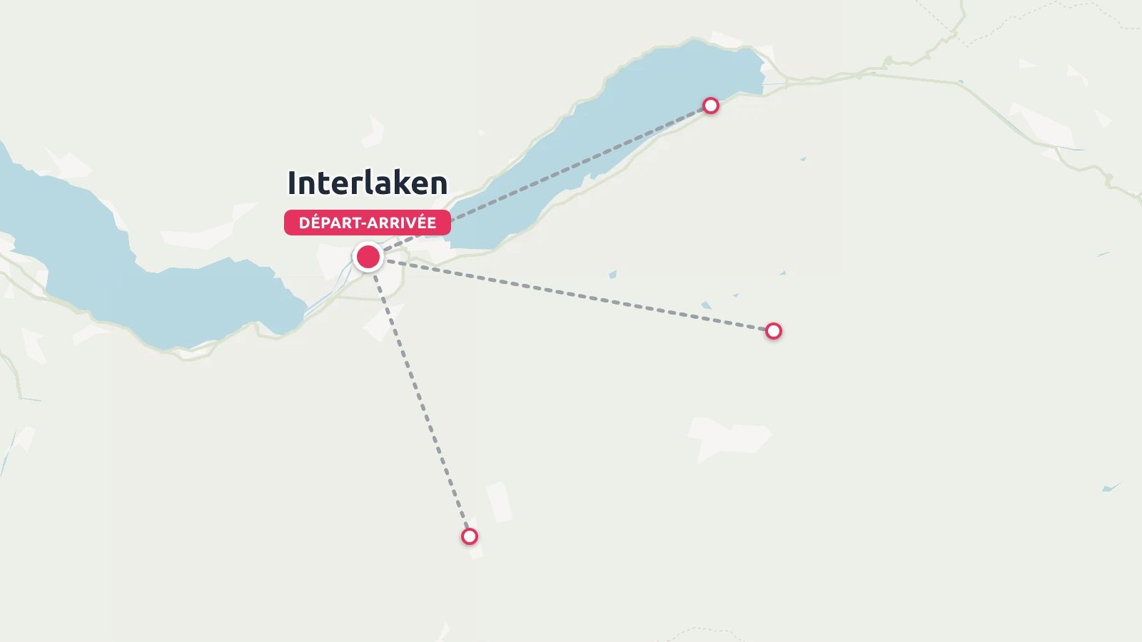 Une carte d'itinéraire de voyage montrant Interlaken comme plaque tournante de départ et d'arrivée reliée à diverses destinations.