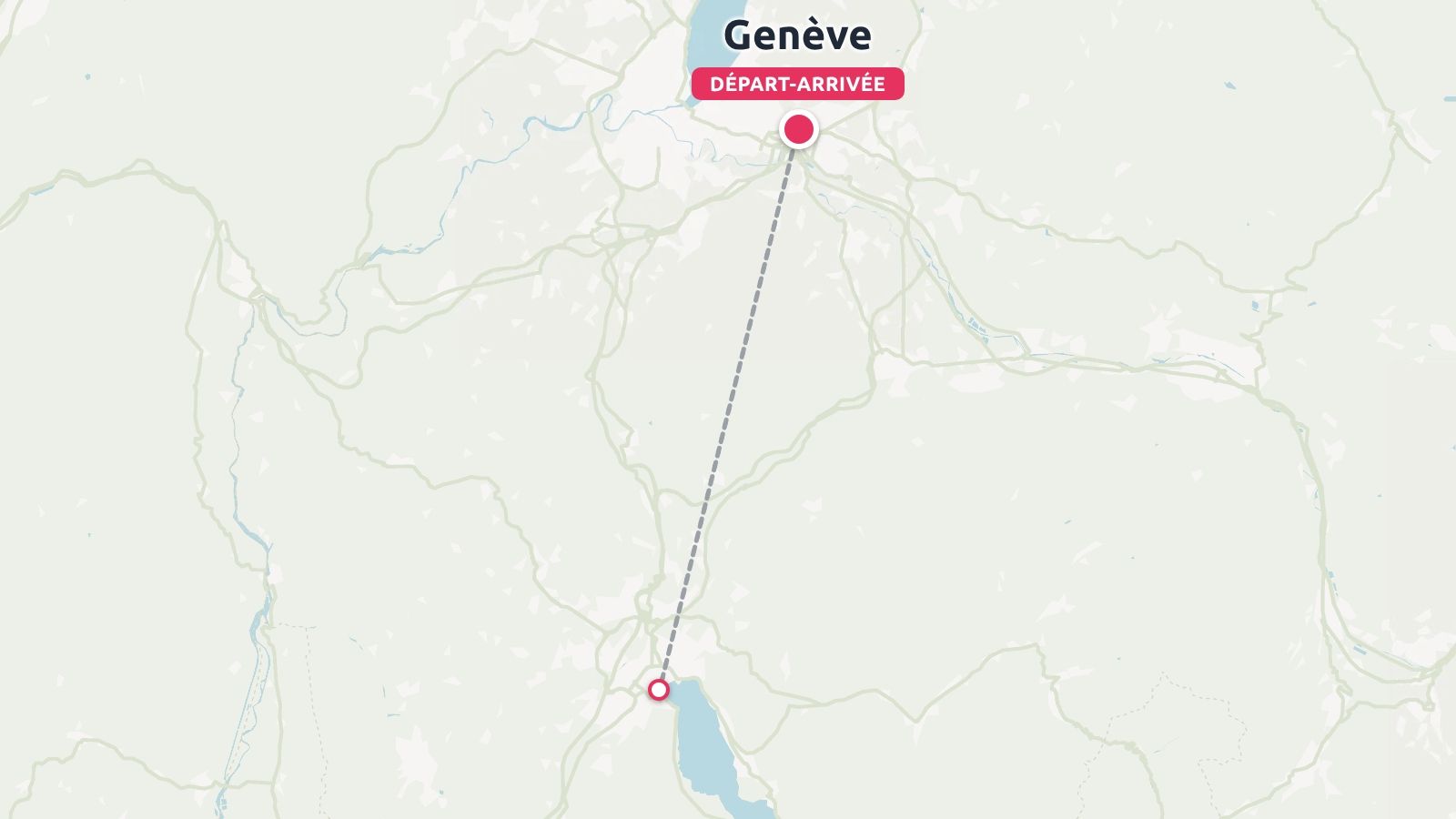 Une carte d'itinéraire de voyage montrant une ligne pointillée reliant Genève, marquée comme départ et arrivée, à une destination de lac du sud.