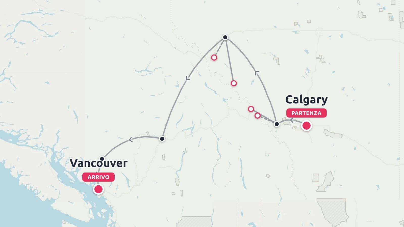 Mappa del percorso di viaggio che mostra un itinerario con partenza da Calgary e arrivo a Vancouver e tappe intermedie.