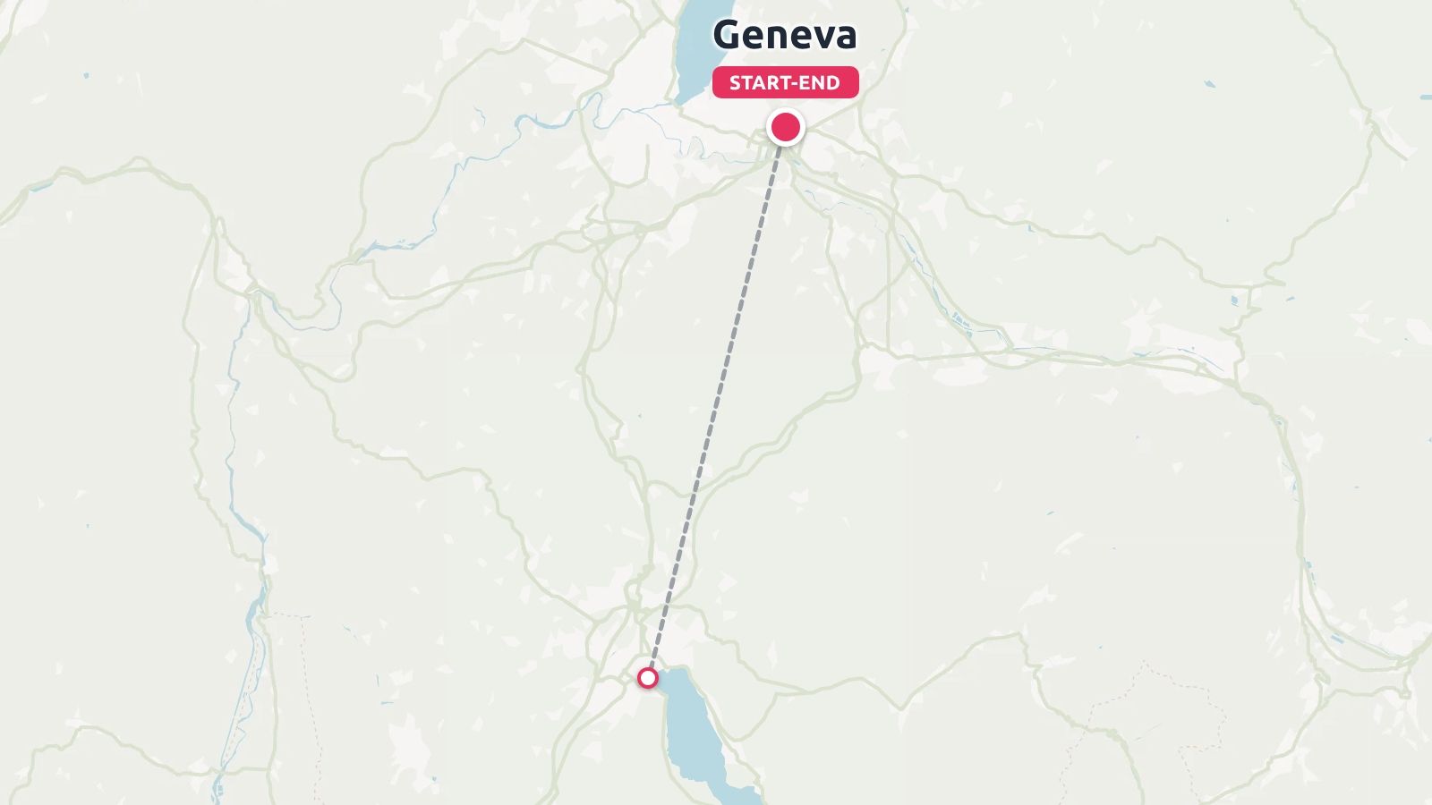 A travel route map showing Geneva marked as the start and end point connected by a dotted line to the south.