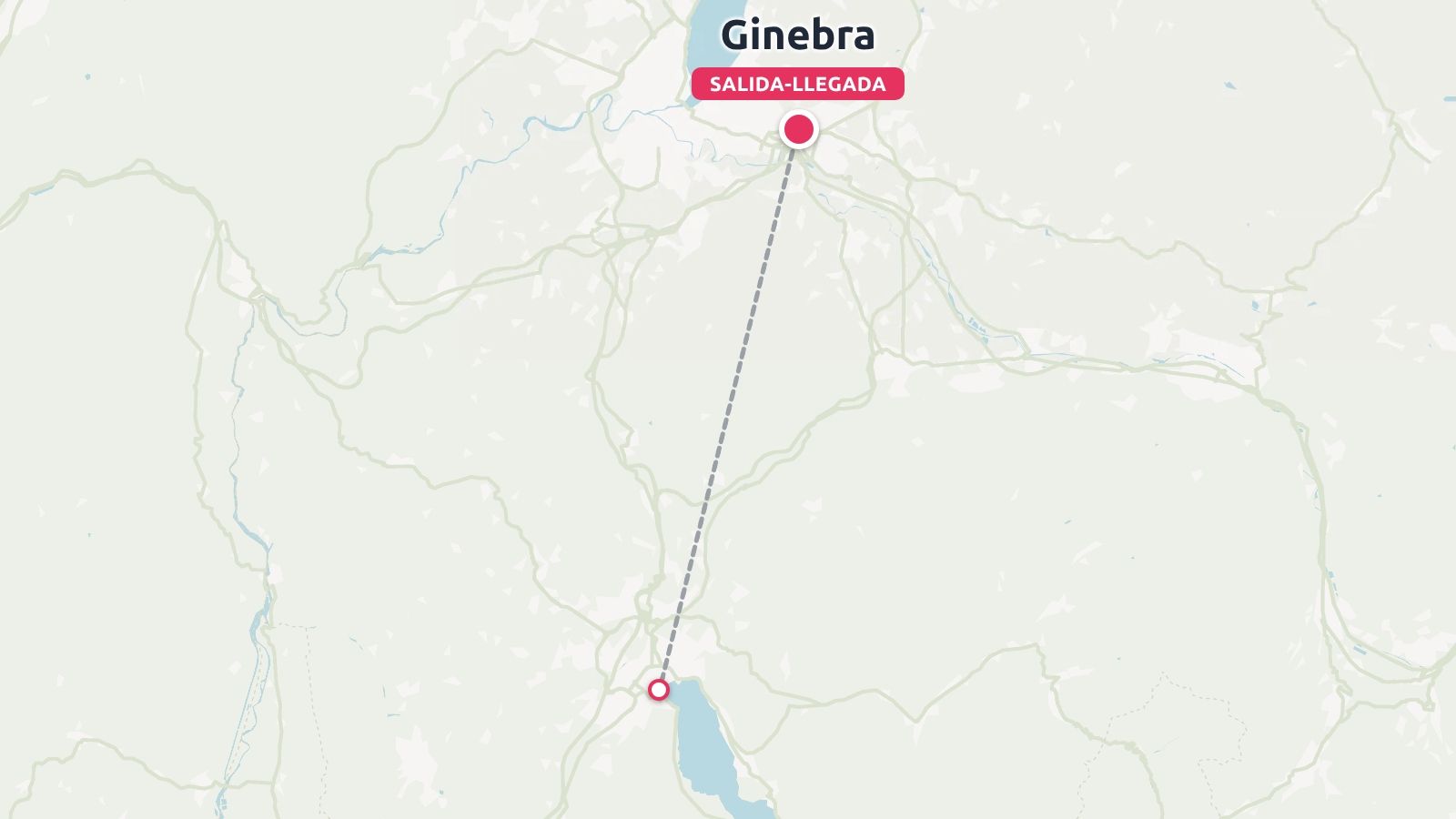 Un mapa de ruta de viaje que muestra una línea discontinua que conecta Ginebra con una ubicación al sur cerca de un cuerpo de agua.