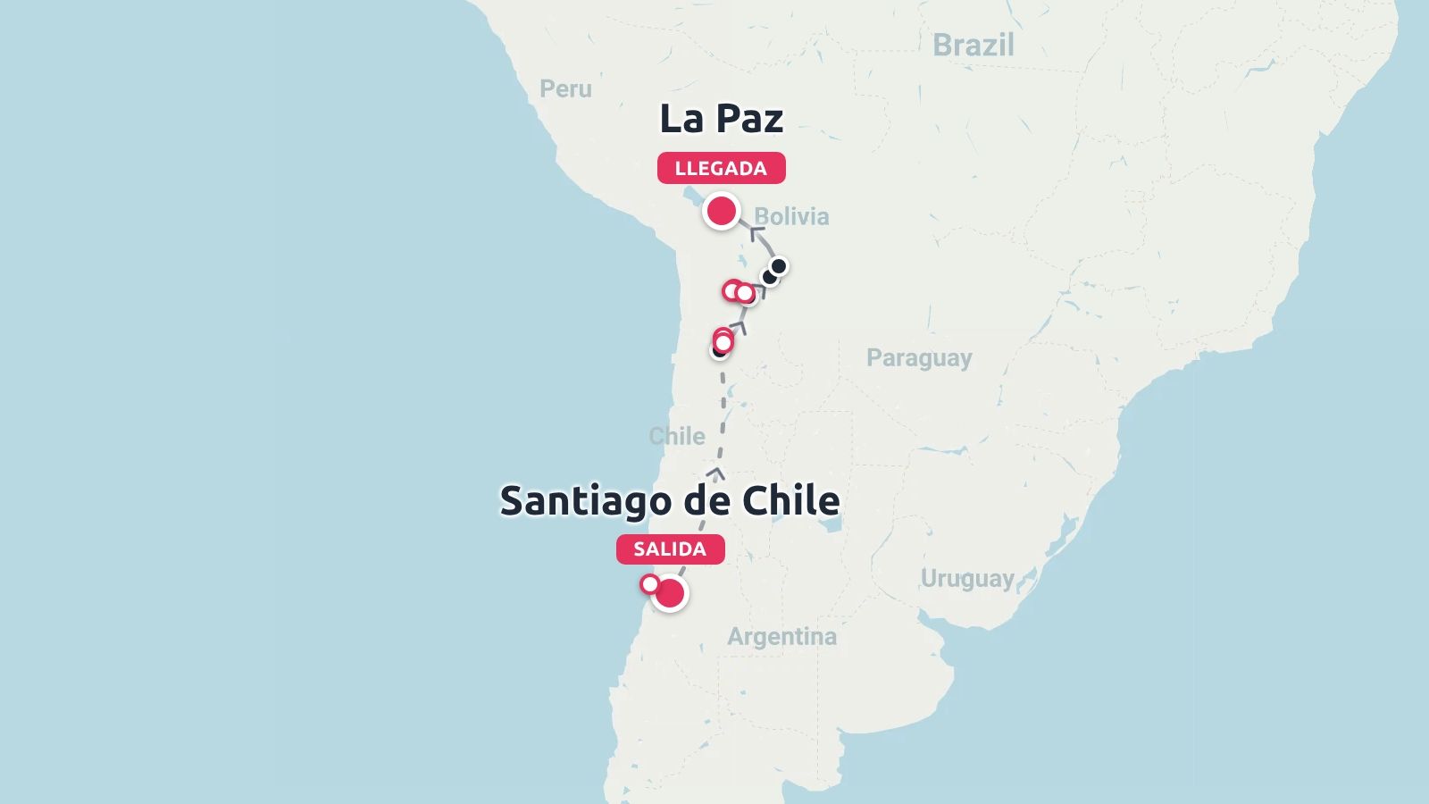 Una ruta de viaje por Sudamérica que conecta Santiago de Chile con La Paz, Bolivia.