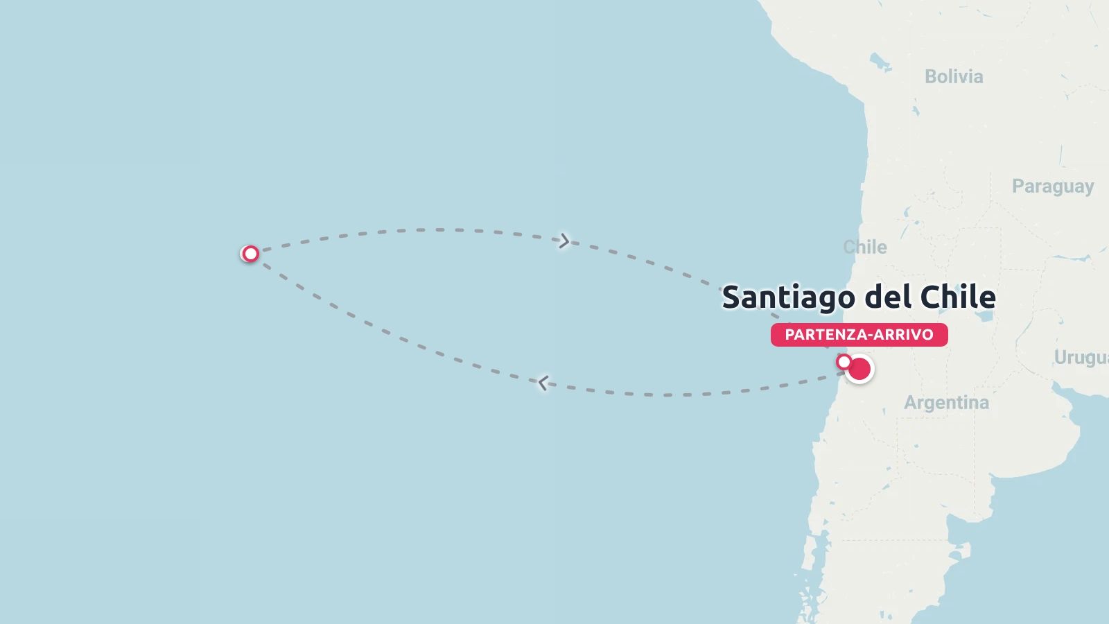 Una mappa che mostra una rotta di volo di andata e ritorno che collega Santiago del Cile a un'isola nel Pacifico