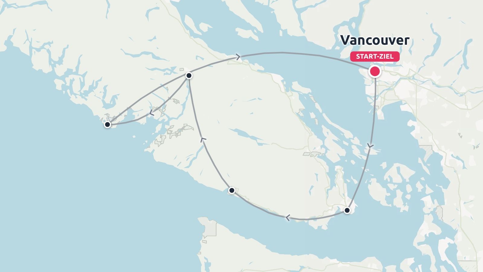 Reiseroute mit Start und Ziel in Vancouver und Zwischenstopps auf Vancouver Island und an Küstenwasserstraßen