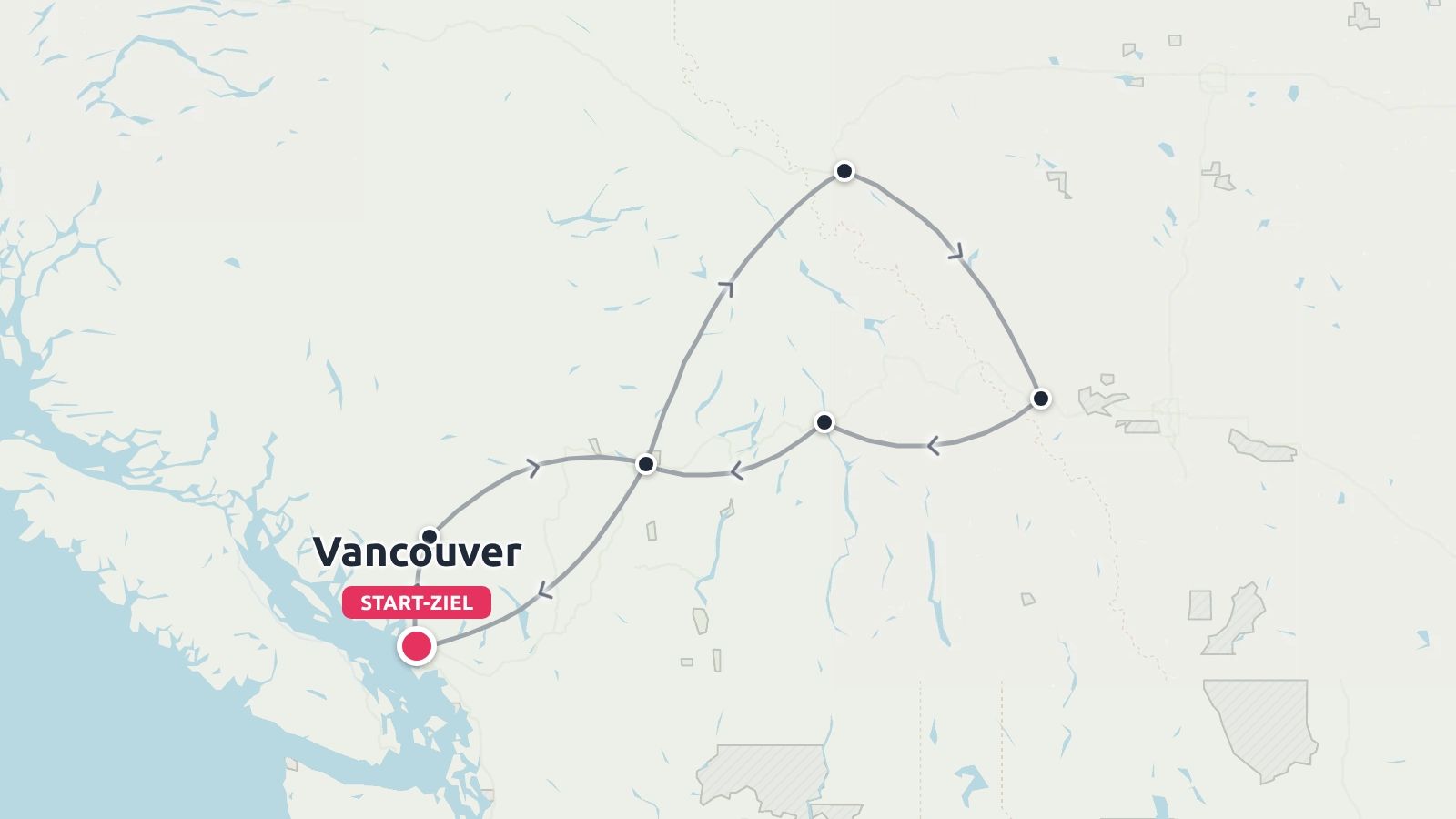 Eine Reiseroute als Rundweg mit Start und Ziel in Vancouver und mehreren Zwischenstopps