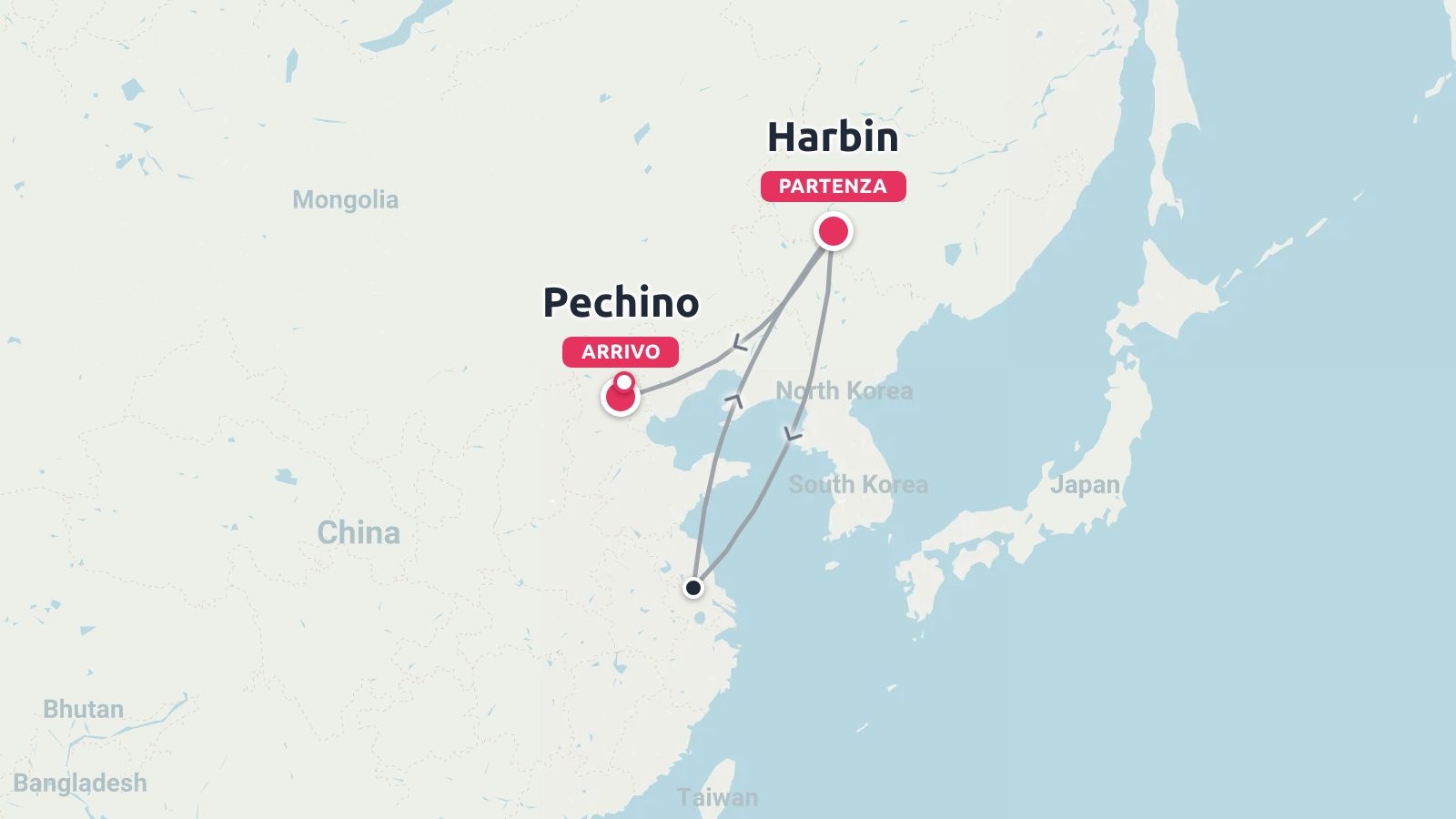 Mappa dell'itinerario di viaggio in Cina che illustra un viaggio da Harbin passando per Shanghai fino a Pechino.