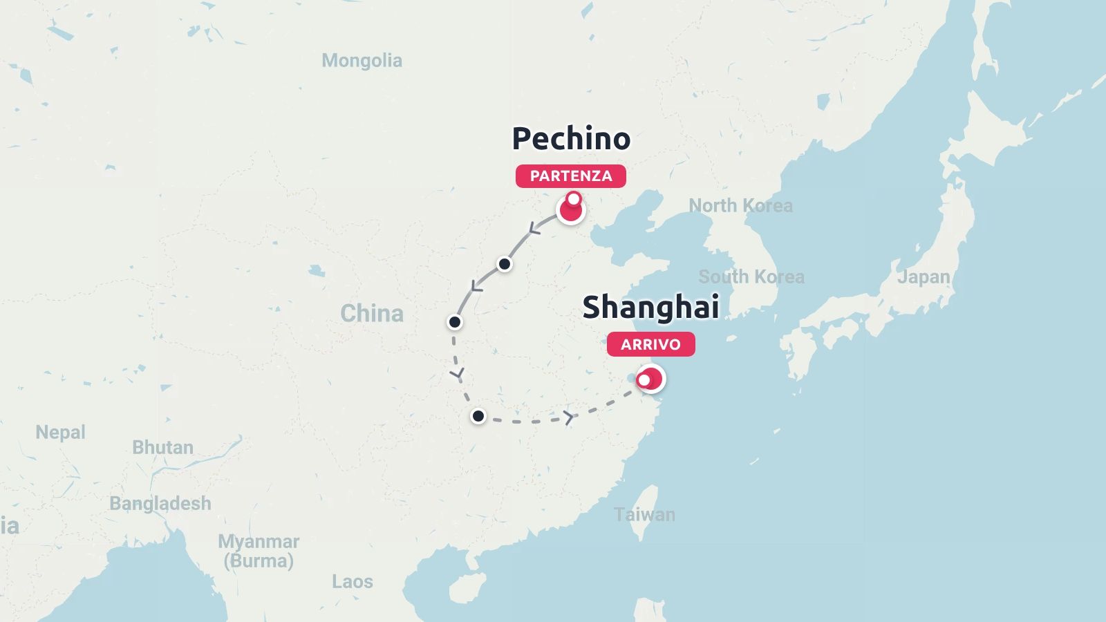 Mappa dell'itinerario di viaggio in Cina con partenza da Pechino e arrivo a Shanghai