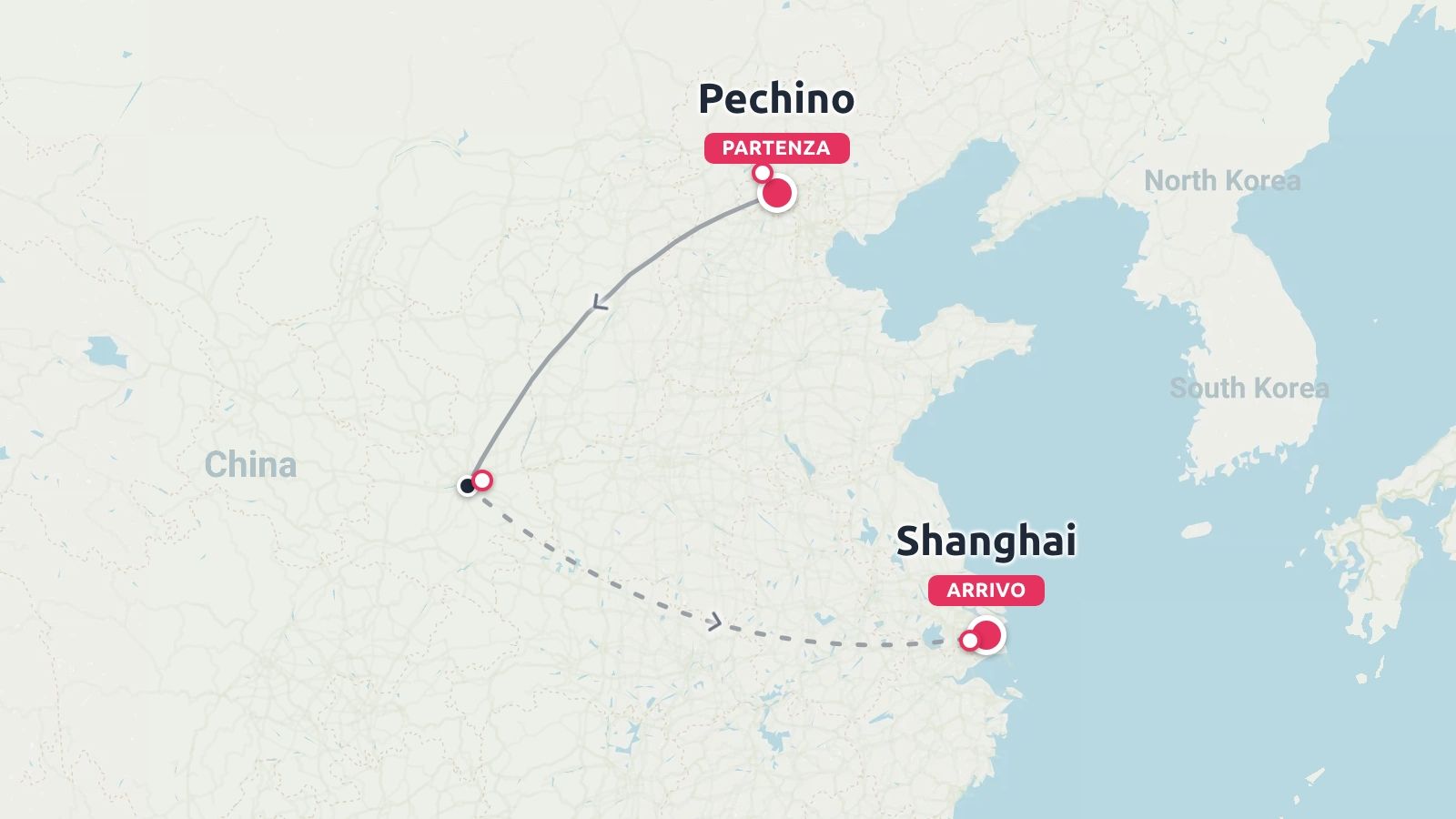 Mappa dell'itinerario di viaggio in Cina con partenza da Pechino, passaggio per una tappa intermedia e arrivo a Shanghai.