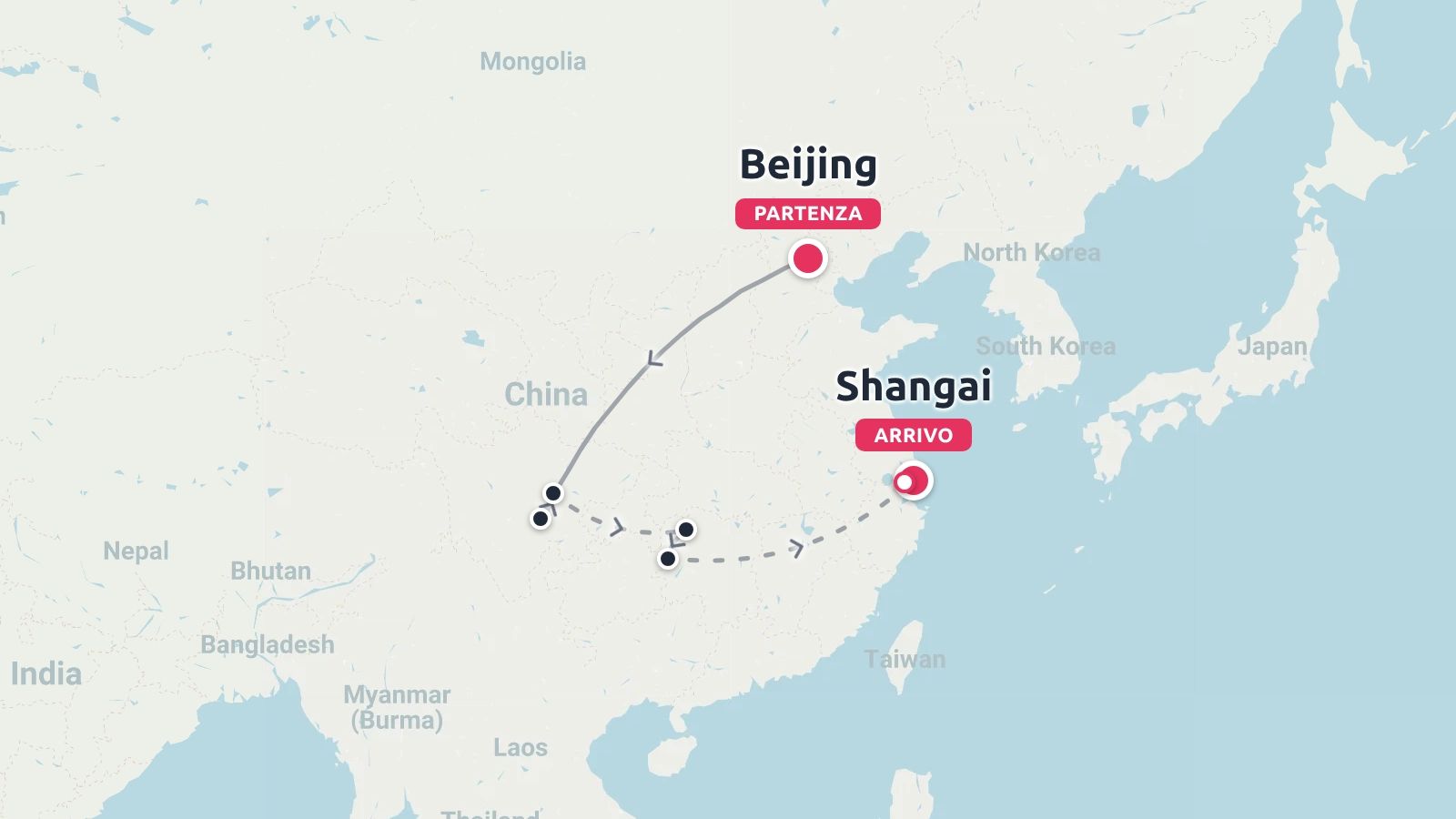 Una mappa dell'itinerario di viaggio in Cina che mostra un viaggio che inizia a Pechino e arriva a Shanghai.