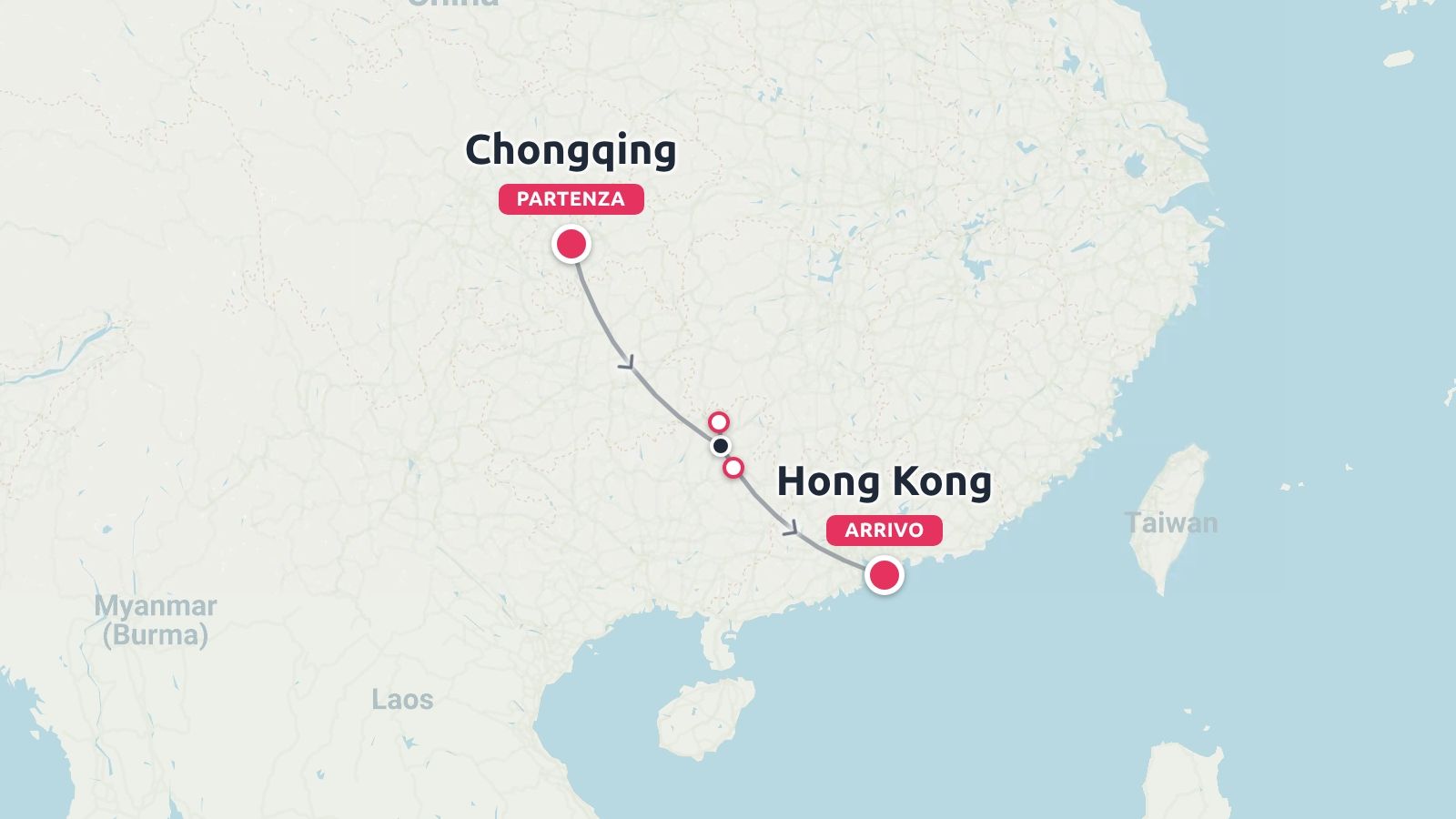 Mappa dell'itinerario di viaggio con partenza da Chongqing e arrivo a Hong Kong attraverso l'Asia orientale