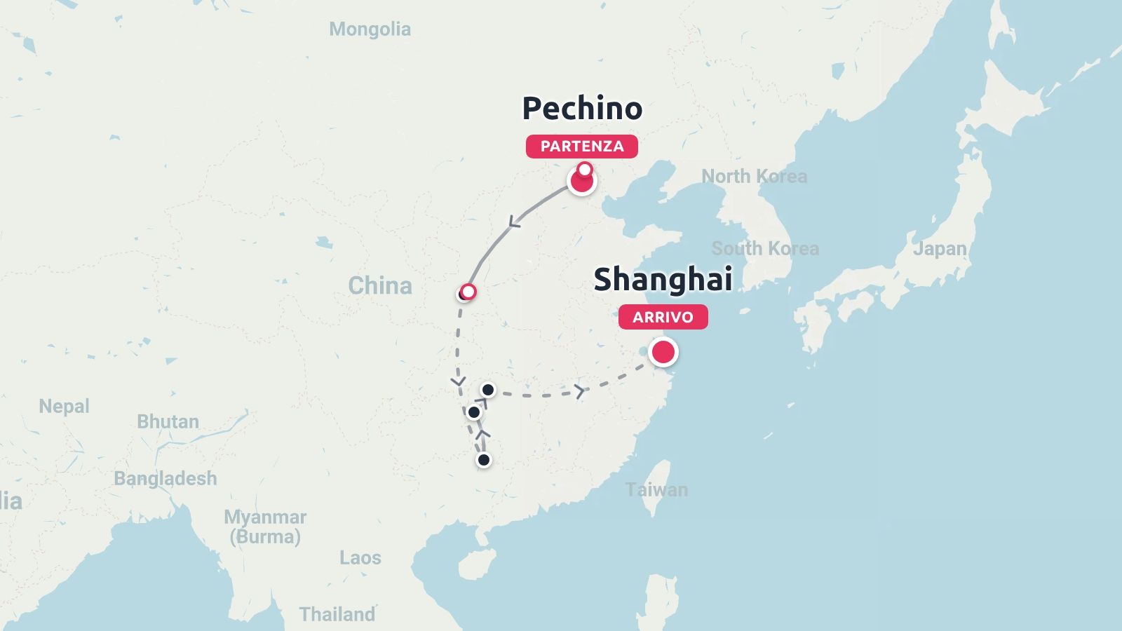 Mappa di viaggio della Cina che traccia un itinerario con partenza da Pechino, tappe nell'entroterra e arrivo a Shanghai.